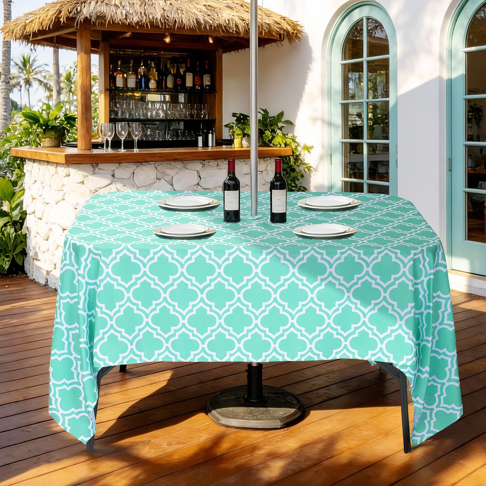 Eternal Beauty 60''x84” Rectangle Tablecloth Waterproof Outdoor Tablecloth with Umbrella Hole Zipper for Patio Spring Summer Picnic Tables, Turquoise