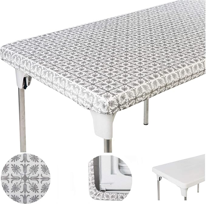 TopTableCloth Table Cover Silver Patterned Elastic on The