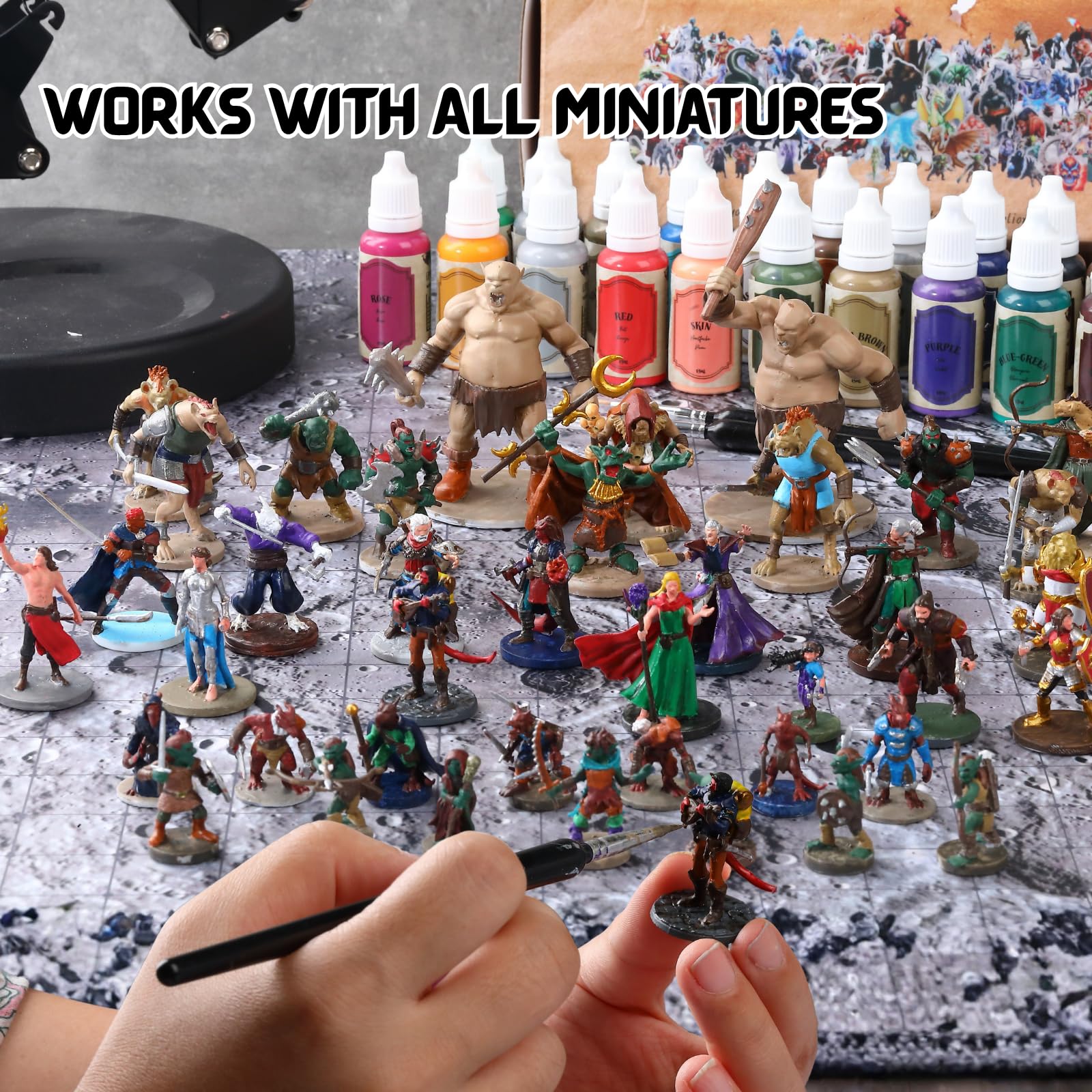 Set Pittura Miniature DND - Kit 22 Vernici Acriliche Base Acqua per Principianti con Oro/Argento Metallizzato Ombre e Primer per Figure DND WH40K - Con 7 Miniature Adventure TTRPG