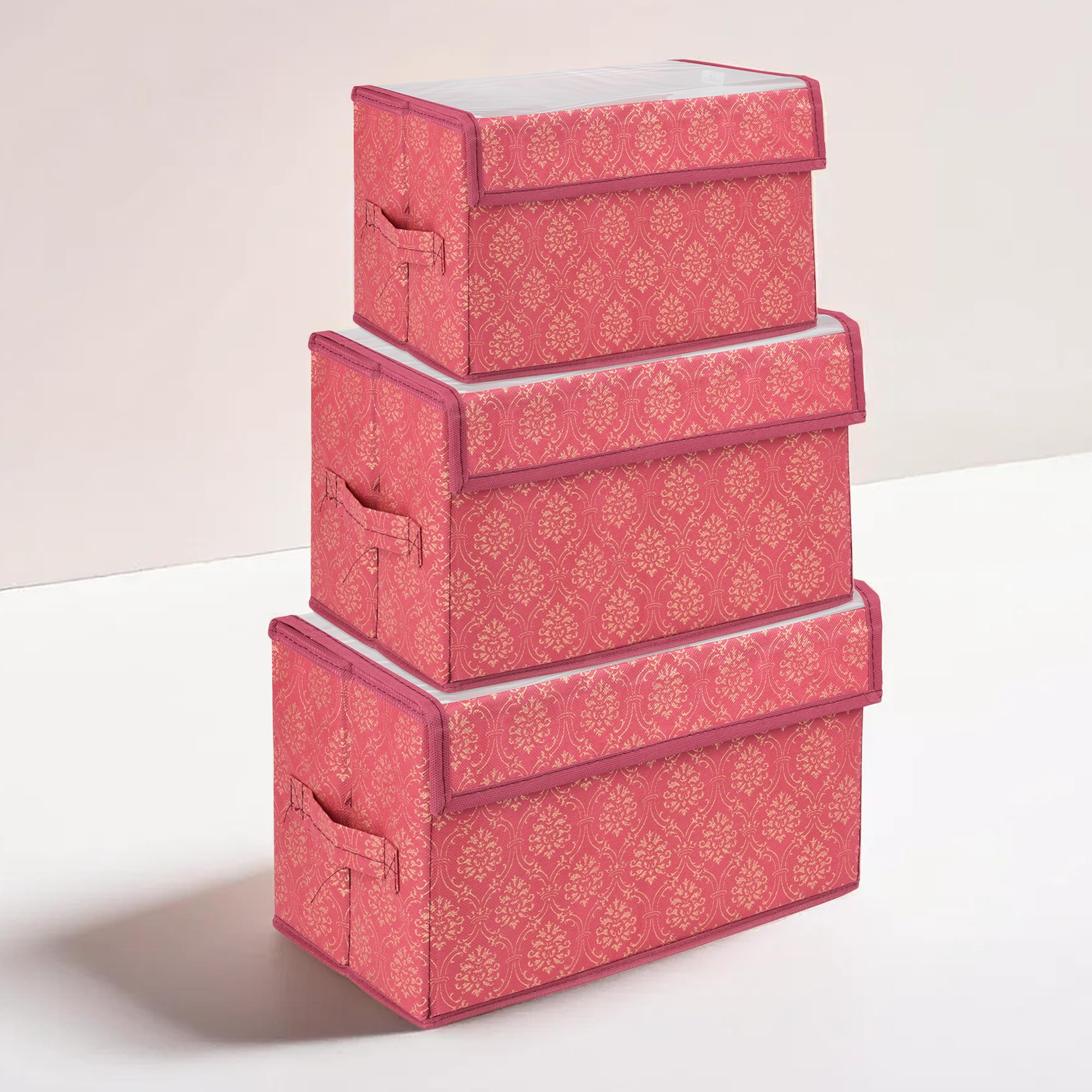 Kuber Industries Non-Woven Pack Of 3 Drawer Storage Box | Foldable Clothes Organizer | Transparent Dhakkan With Handle | Velcro Drawer Organizer For Books-Toys | Golden-Printed | S | M | L | Maroon (B0CWH85FF8) Amazon Price History, Amazon Price Tracker