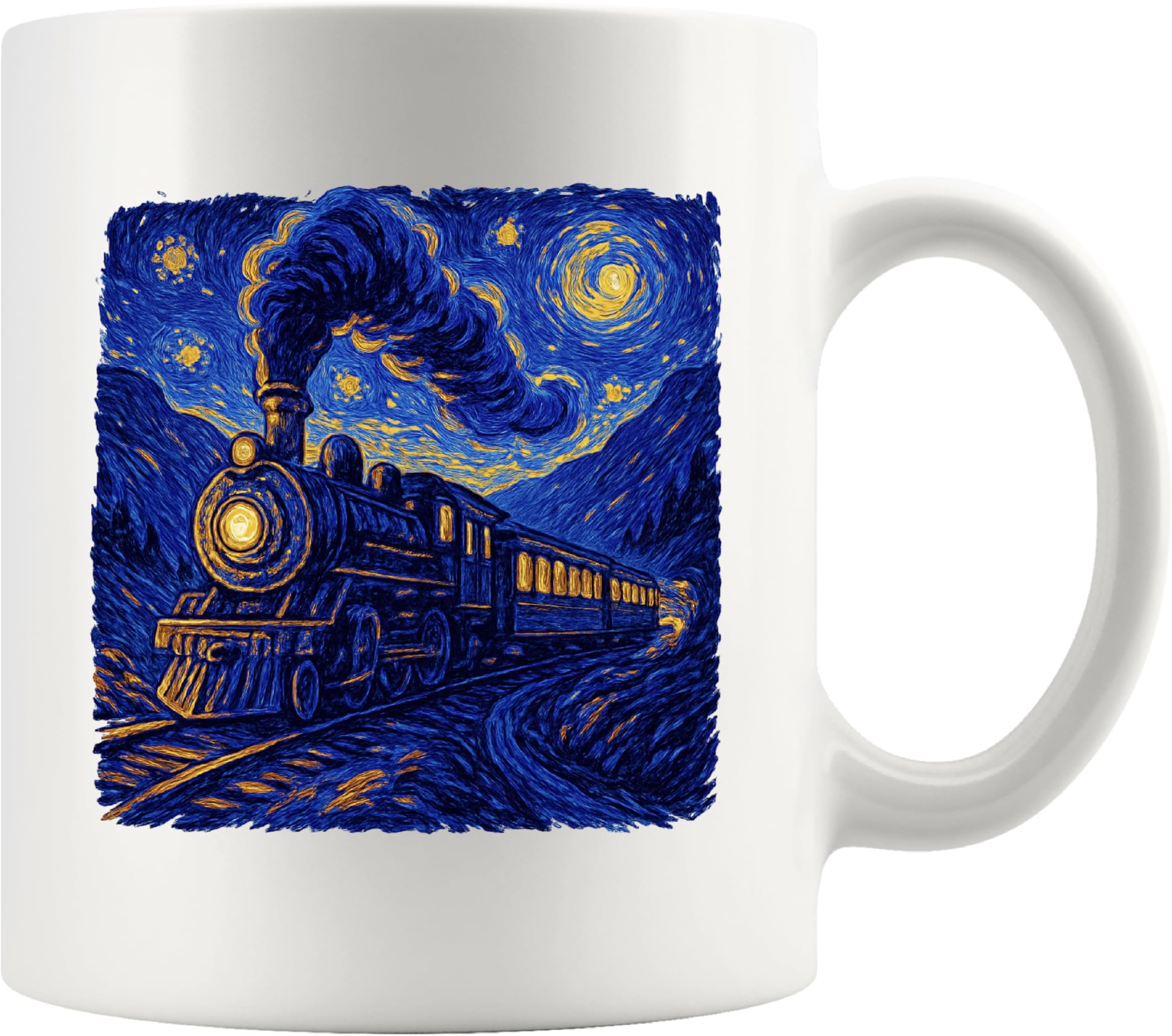 Vintage Train Van Gogh Style Steam Engine Steam Train Lovers Gifts For Women Men Art Lovers Gifts Painting Painter Artist Novelty Drinkware Ceramic Mug 11 oz White