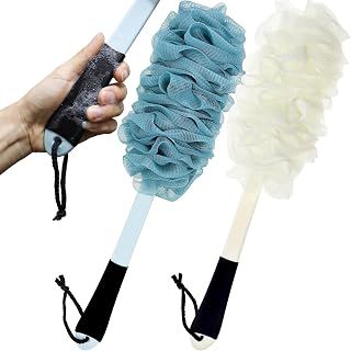 Jxicleang 2-Pack Back Scrubber for Shower - Non-Slip Handle Loofah Bath Brush, Soft Mesh Sponge on Stick for Men, Women & Elderly (Blue/White)