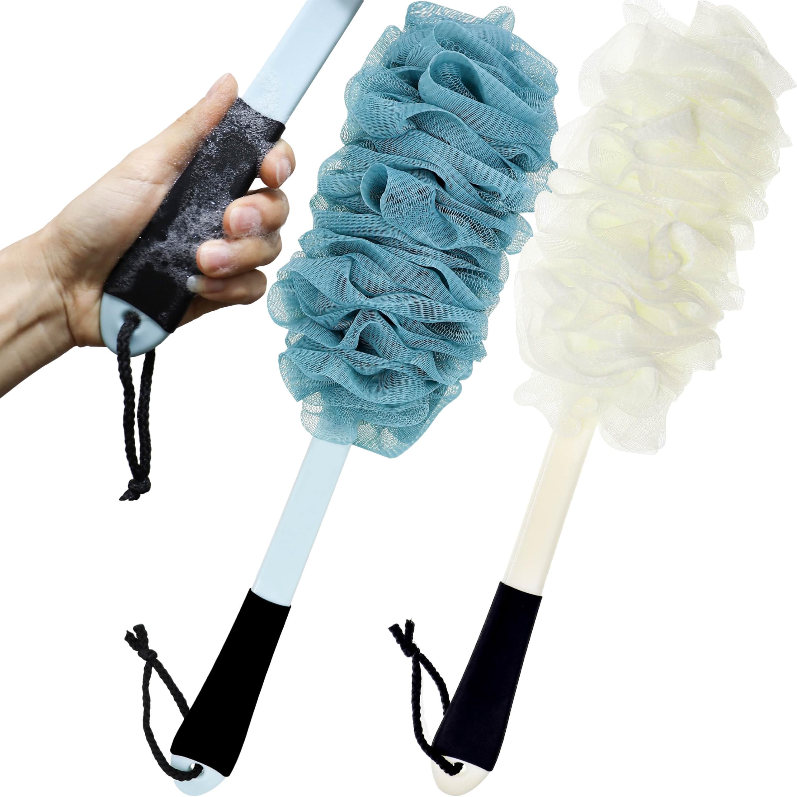 2Pack Back Scrubber for Shower, Loofah with Handle, Back Loofah Non-Slip Handle, Bath Body Brush, Scrub Cleaning Brush for Shower, Soft Mesh Sponge On