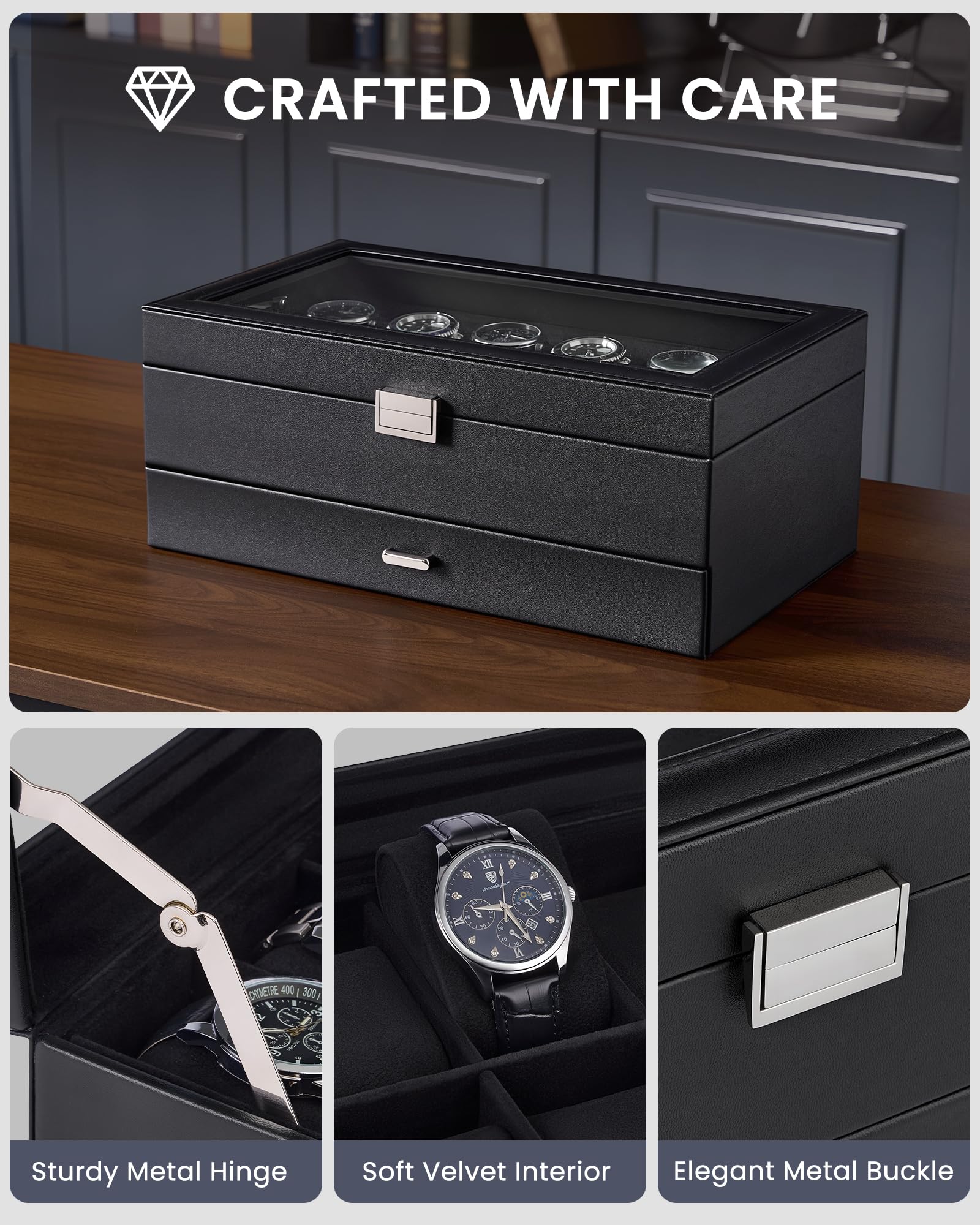 ProCase Scatola per orologi con 12 scomparti, coperchio in vetro, 2 livelli | con Cuscino Rimovibile, per Gioielli, Anelli, Bracciali e Collane -