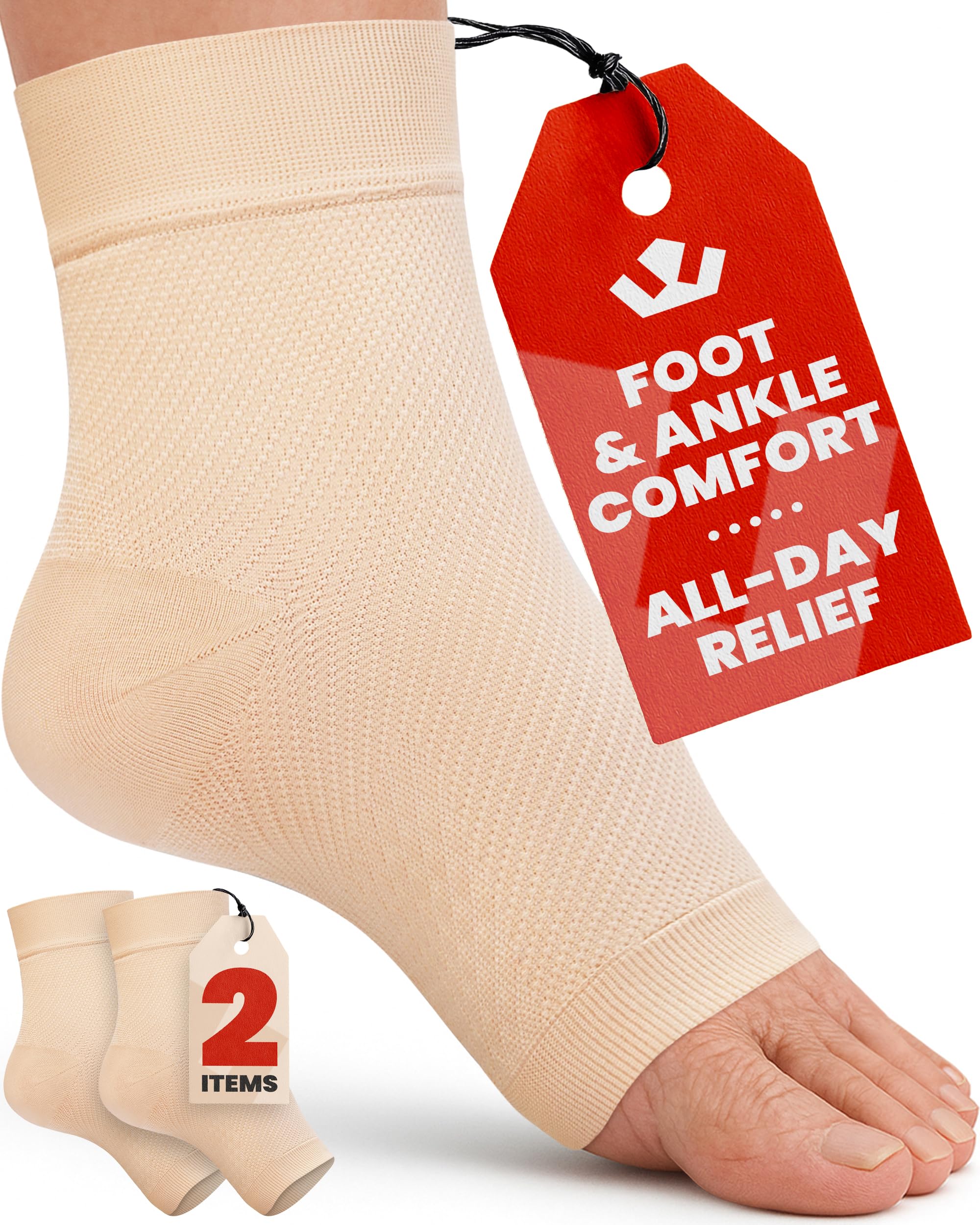 Ankle Compression Sleeve - 1-Pair, Plantar Fasciitis Braces - Open Toe Compression Socks for Swelling, Sprain, Neuropathy, Foot Arch Support for Men and Women - 20-30mmhg, M, Beige
