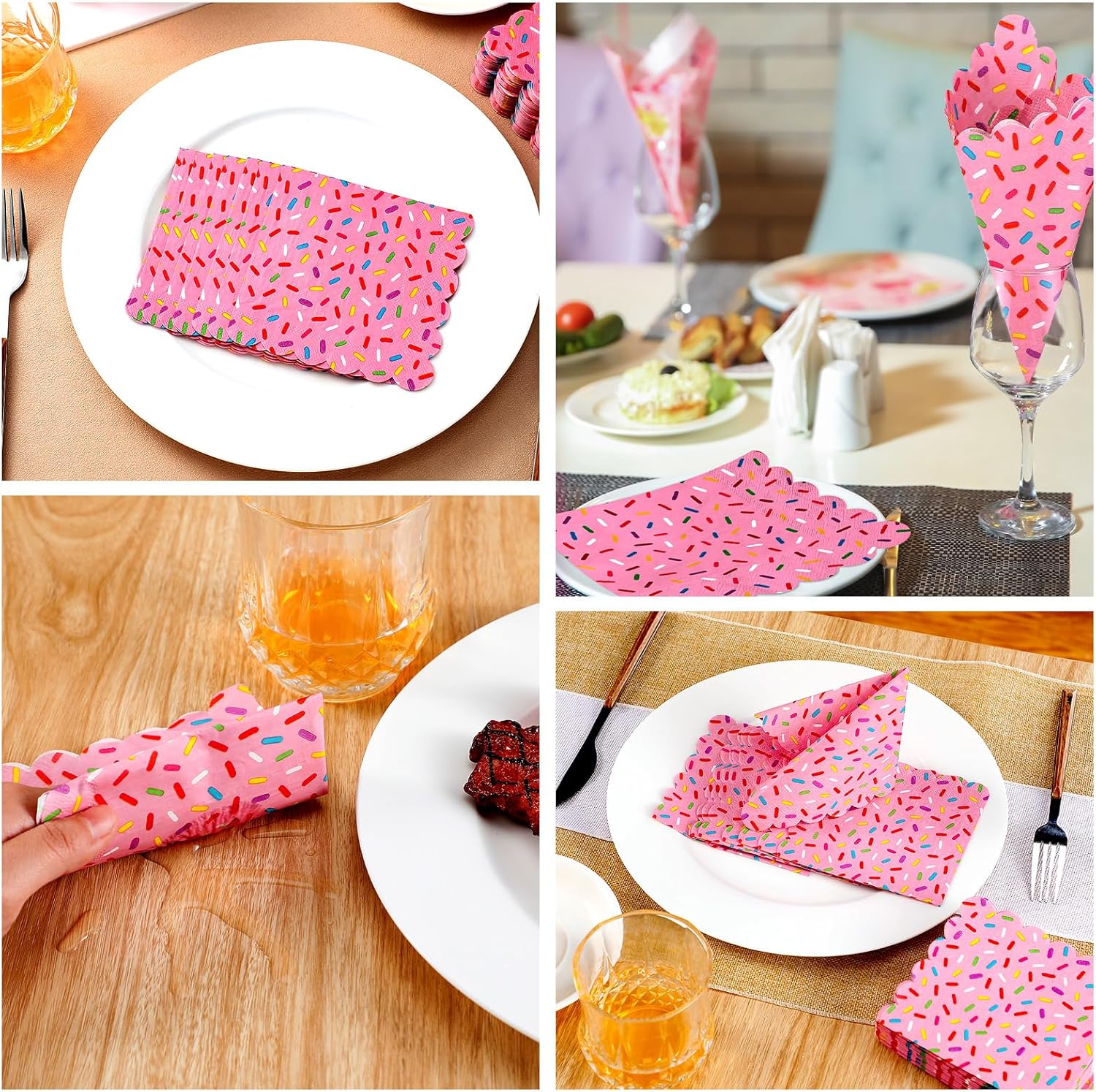 Crtiin 100 Pcs Donut Sprinkle Napkins Scalloped Ice Cream Napkins Disposable 2 Ply Donut Party Paper Cocktail for Baby Shower Birthday Wedding Party Cupcake Table Decor Supplies(Pink) - Image 6