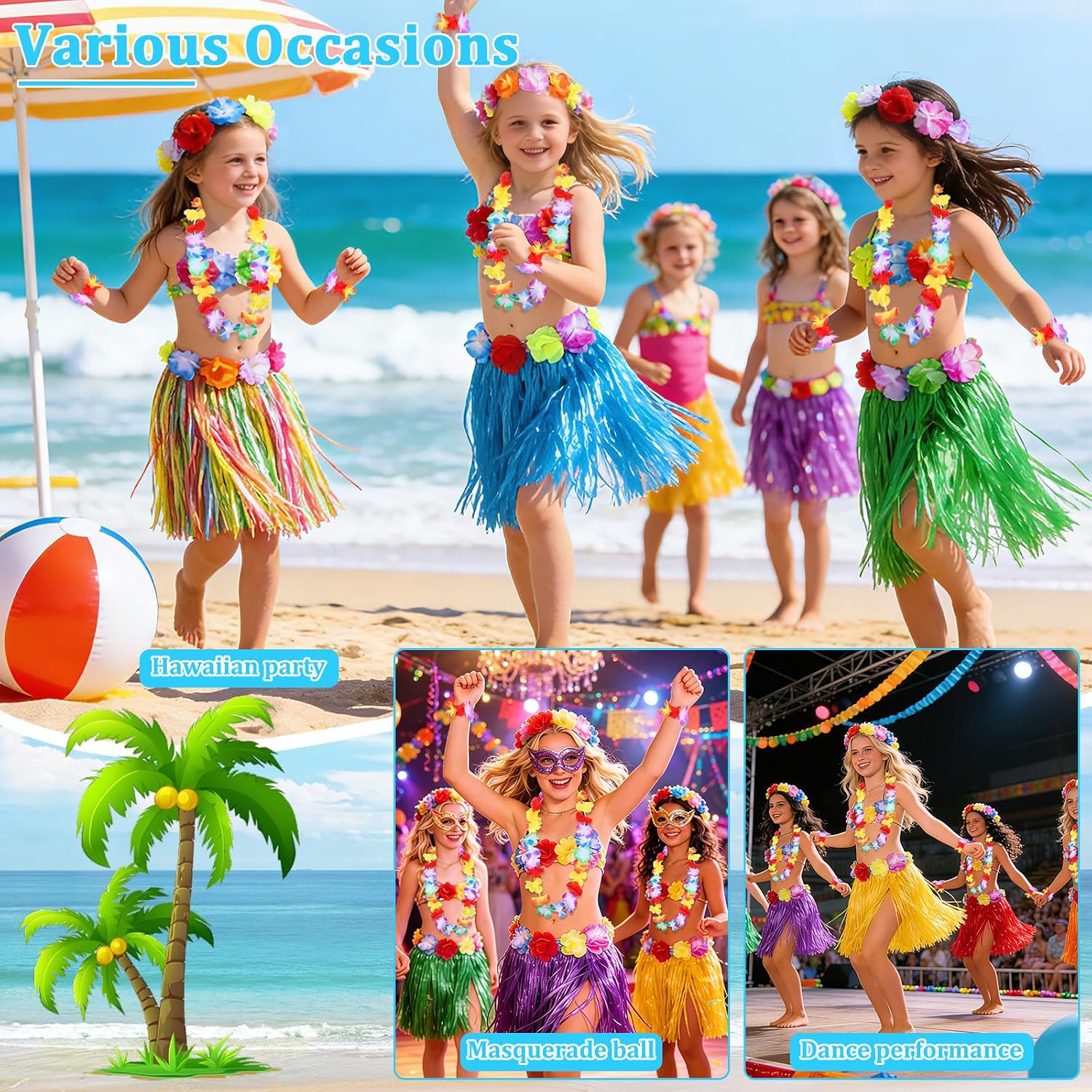 NICEMOVIC 12pcs Hawaiian Grass Skirts with 24pcs Bracelets, 12 pcs Necklaces &12 pcs Headbands, Luau Party Decorations Bulk for Women Adult, Hula Skirt for Tropical Beach Holiday Party Favor Supplies