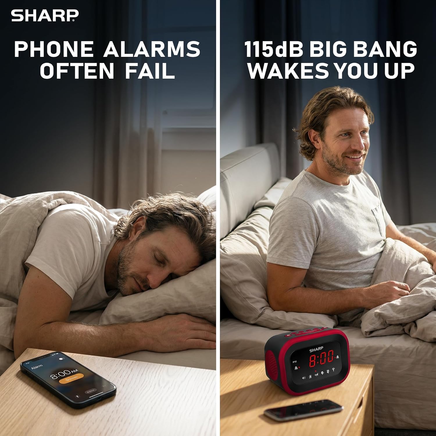 Sharp Big Bang Super Loud Alarm Clock for Heavy Sleepers, 115dB Extreme Wake-Up Alarm, Dual Alarms, 6 Wake Sounds, Large Red LED Display, Dimmer Control & Battery Backup, Bedroom Clock