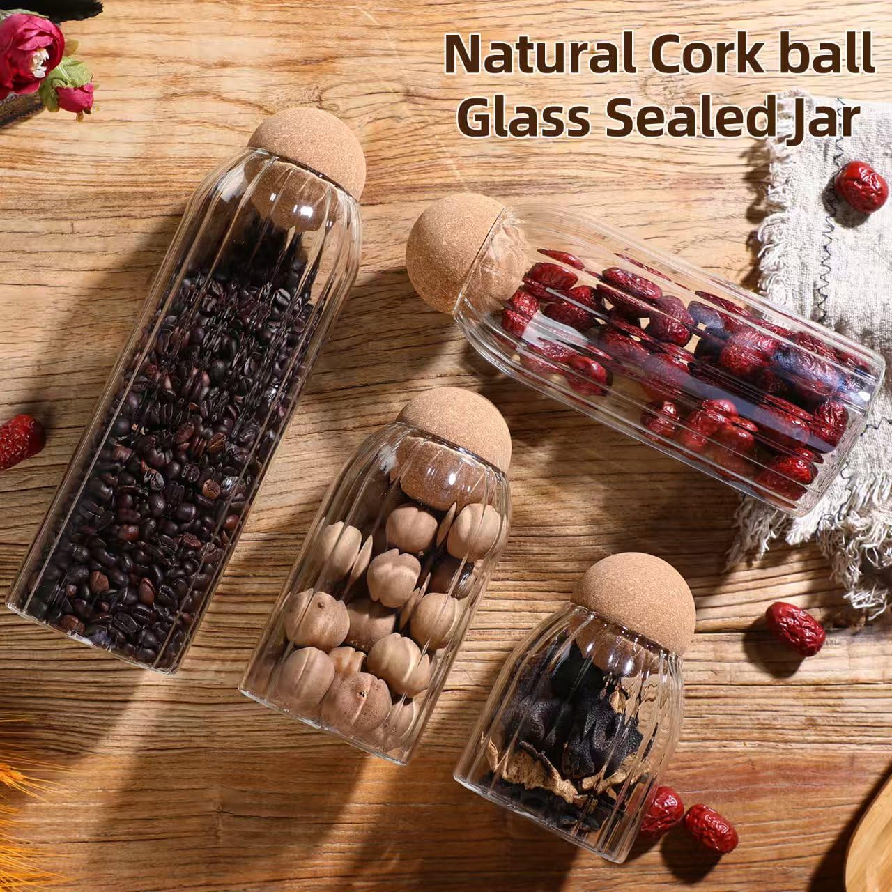 Vorratsdose aus Glas mit Kugelkorkendeckel, klare Glasdosen mit Korkkugel, niedliche dekorative runde Glasflaschen mit luftdichtem Holzdeckel für Gewürze, Zucker, Salz, Tee, Nüsse, Kaffeebohnen (4