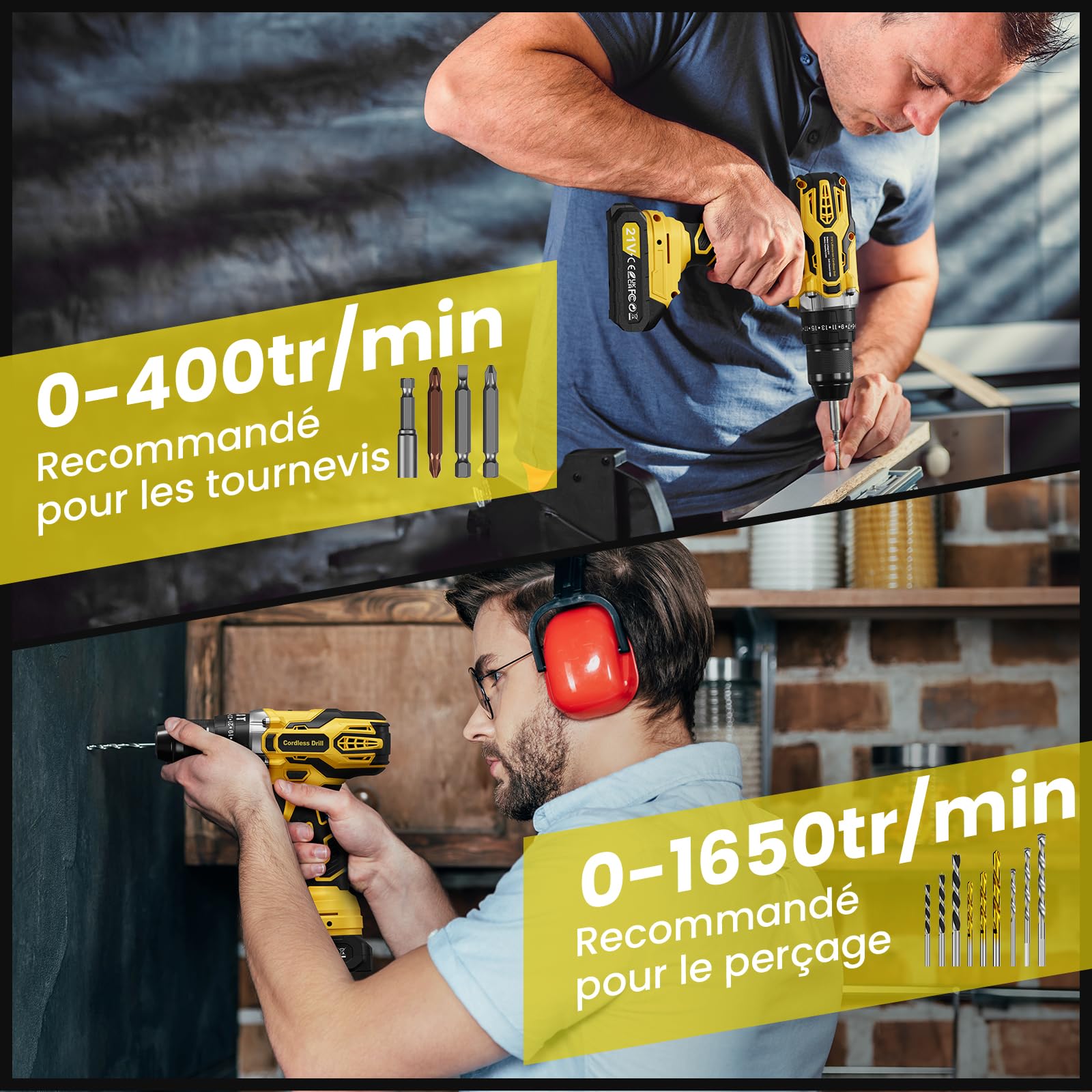 21V Perceuse Percussion Sans Fil, 45Nm Perceuse Visseuse Devisseuse Sans Fil avec 2 Batteries 2,0Ah, 25+3 10mm Mandrin Métallique 2 Vitesses Perceuses à Percussion Viseuse Electrique Outils Bricolage