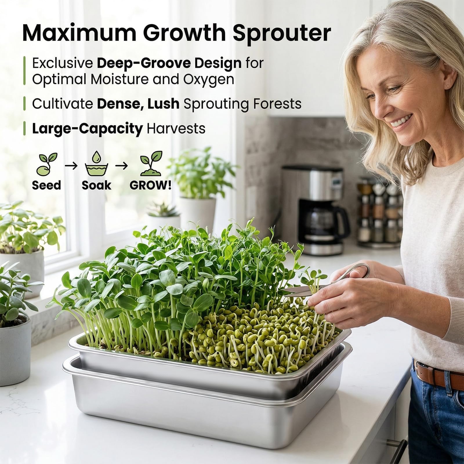 2er Set Sprossen Anzuchtset aus Edelstahl 2 in 1 Keimschalen 26 x 19 cm mit Feinem Edelstahlsieb und Untersetzer für Sprossen Kresse Microgreens Weizengras Wiederverwendbar Rostfrei Spülmaschinenfest