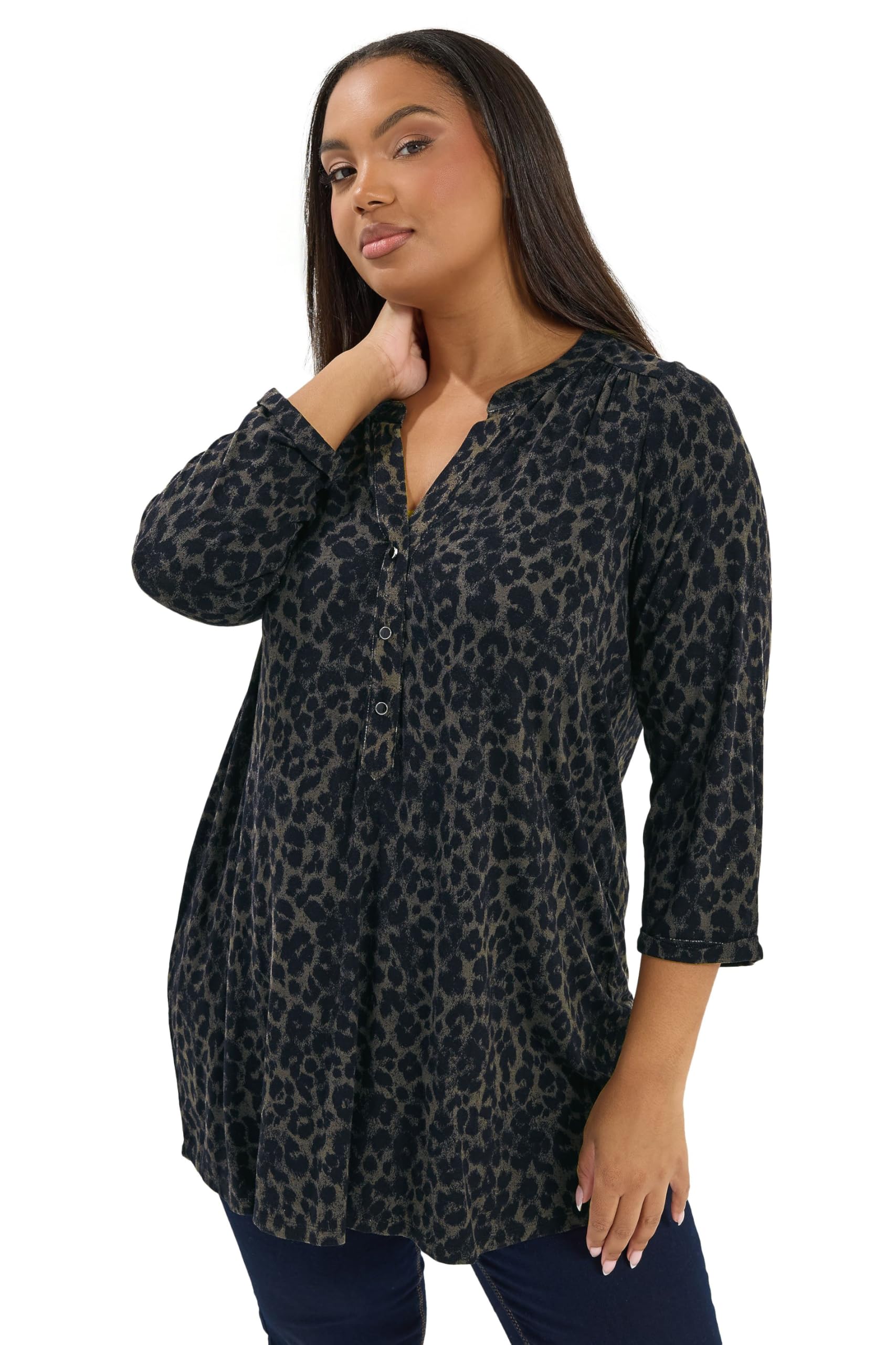 Yours Women's Dark Green Curve Leopard Print Placket Top - Plus Size Curve
