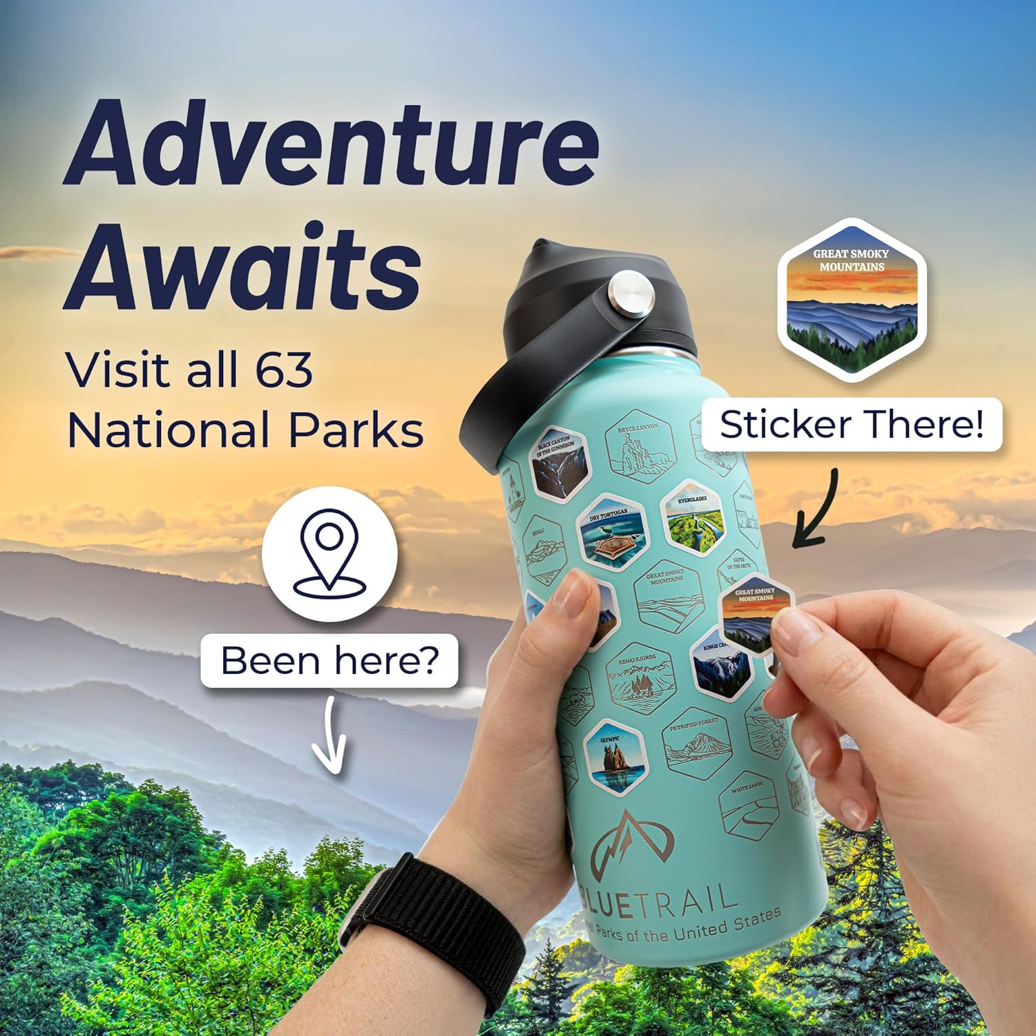 BlueTrail National Parks Water Bottle with Stickers