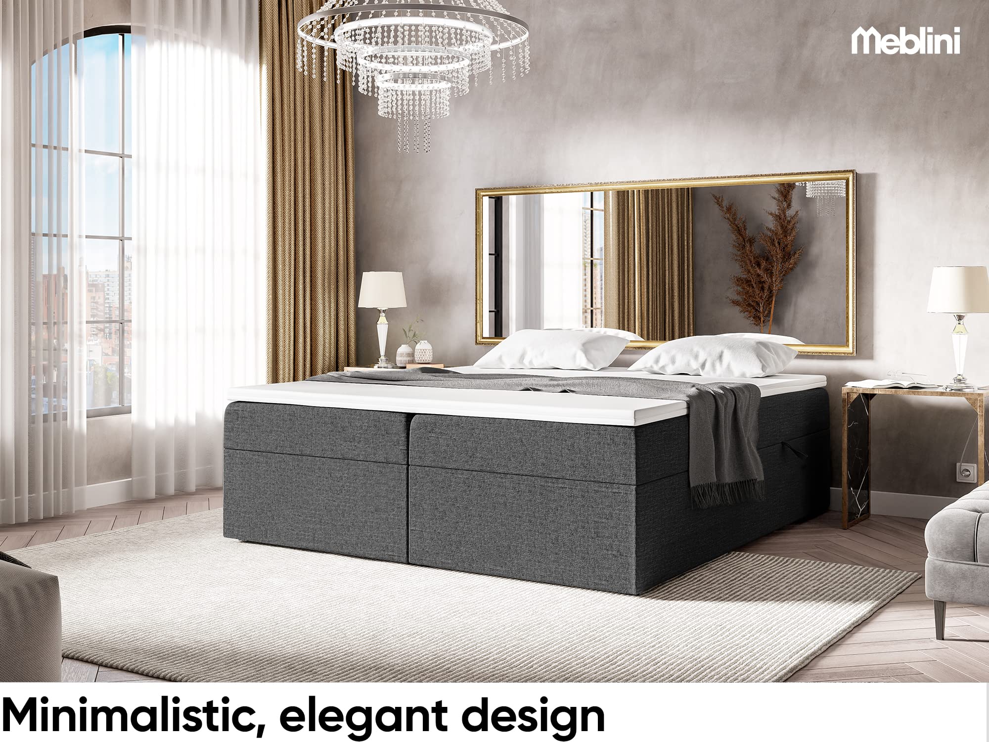 MEBLINI Boxspringbett mit Bettkasten - 200x200 - Gepolstert Doppelbett mit Matratze und Topper - Polsterbett mit Stauraum - Bett ohne Kopfteil - Stauraumbett - Lionel - H3/Dunkelgrau Webstoff