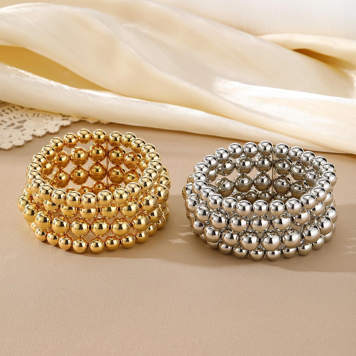 Chunky Gold Bead Bracelets Set for Women 14K Gold Plated Stackable Bead Ball Bracelets Set Boho Adjustable Stretch Beaded Ball Bracelet for Bridesmaid Bridal Party Jewelry - Image 7