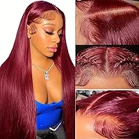 Vista 23 de ULRICA 99J - Pelucas de encaje frontal burdeos de 20 pulgadas, pelucas de cabello humano para mujeres negras 13x4, encaje HD burdeos, peluca