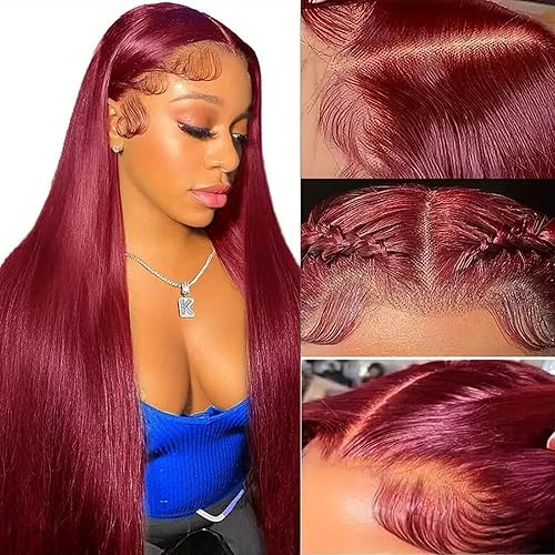 Miniatura 23 de ULRICA 99J - Pelucas de encaje frontal burdeos de 20 pulgadas, pelucas de cabello humano para mujeres negras 13x4, encaje HD burdeos, peluca