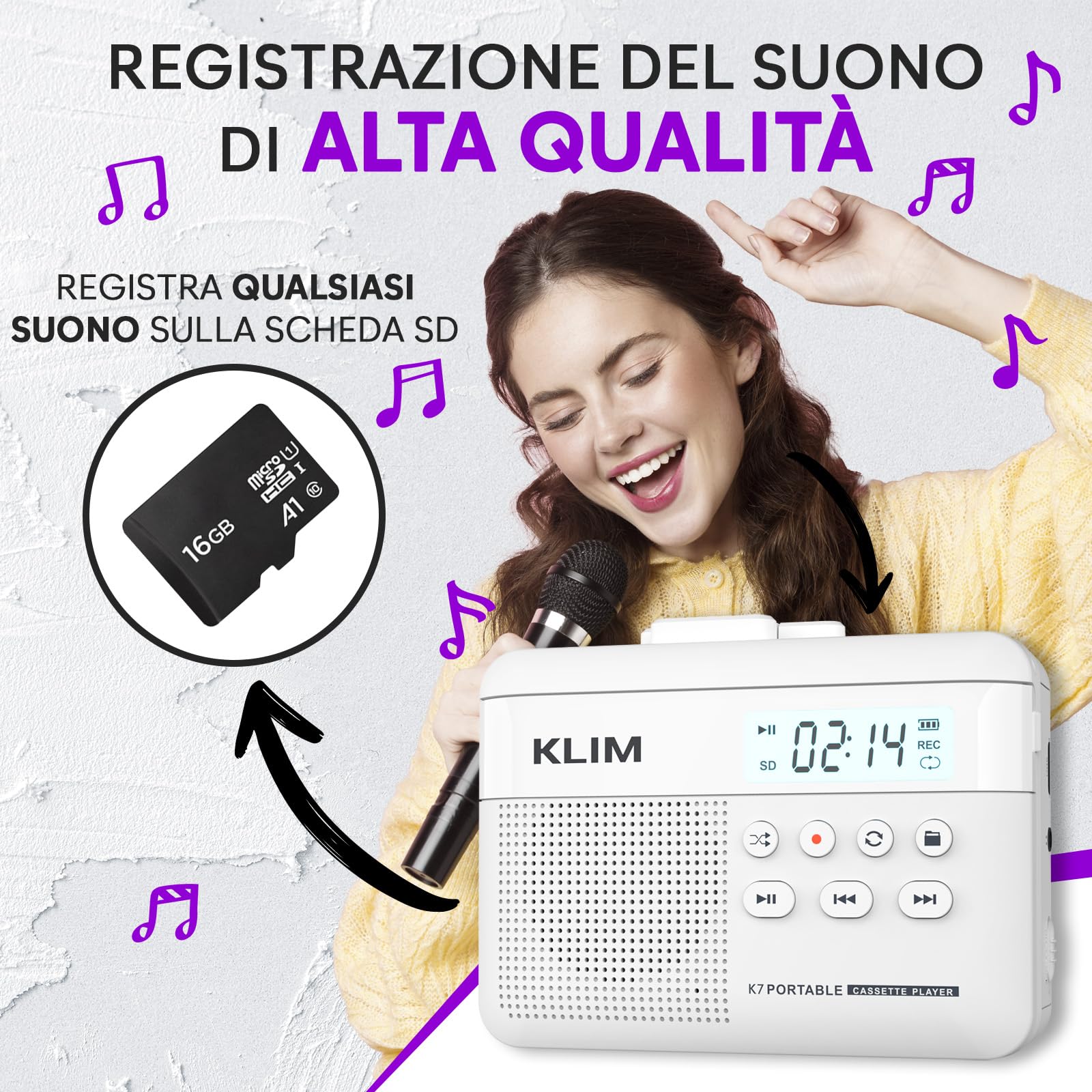 K7 Cassette Player Convertitore Cassette MP3 Lettore Audio Portatile Microfono Altoparlante Incorporati Batteria Ricaricabile Scheda SD 16 GB Bianco