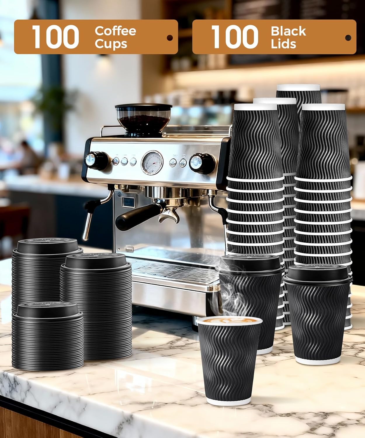 100 Pack 12 oz Disposable Coffee Cups with Lids, To Go Insulated Ripple Wall Paper Coffee Cups for Coffee, Hot Chocolate, Cocoa and Hot/Cold Beverages – Black - Image 4