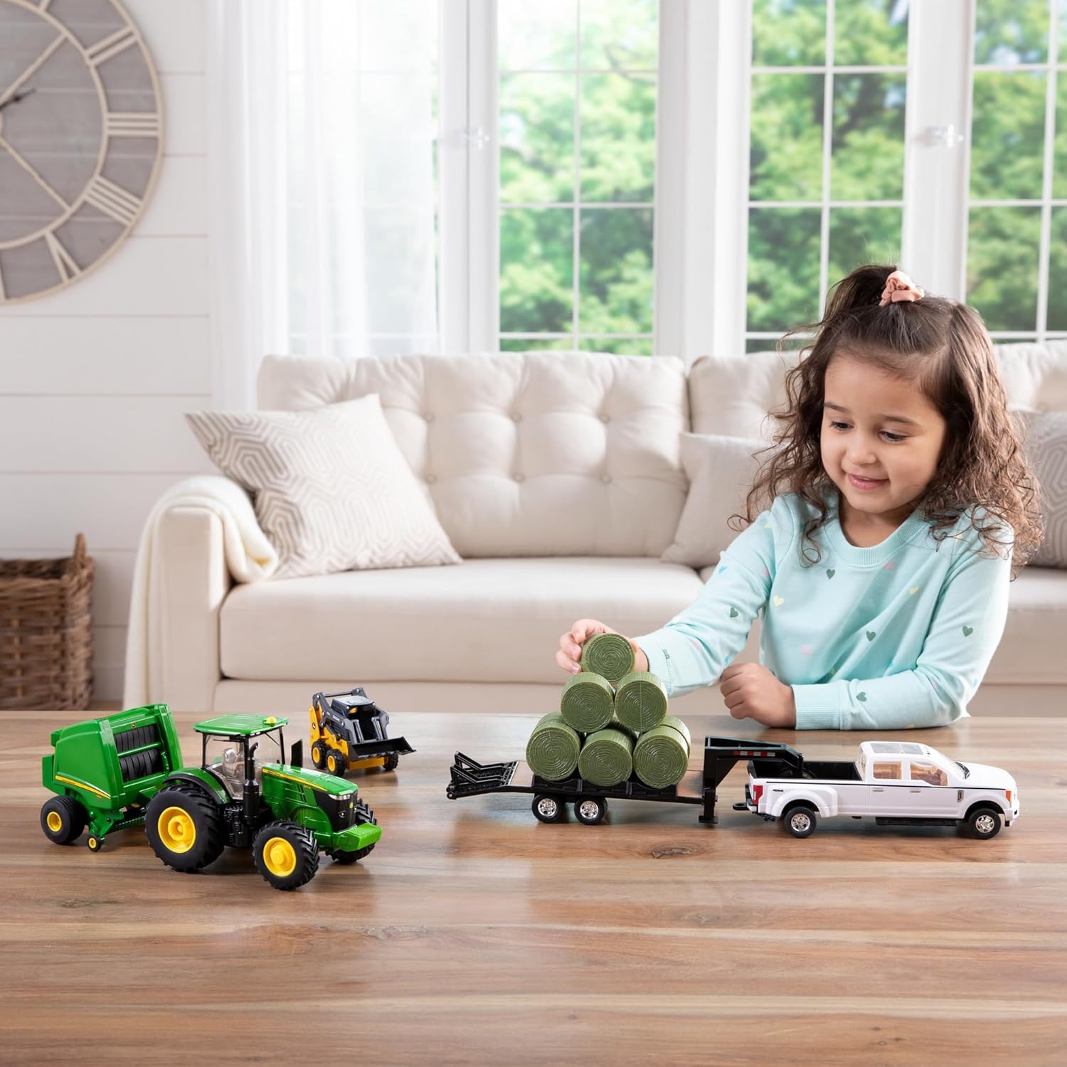 TOMY John Deere Round Bale Haying Set - 1:32 Scale - Includes John Deere 7R Tractor, 569 Round Baler, and 381G Skid Steer Toy - Construction and Farm Toys - Ages 3 Years and Up