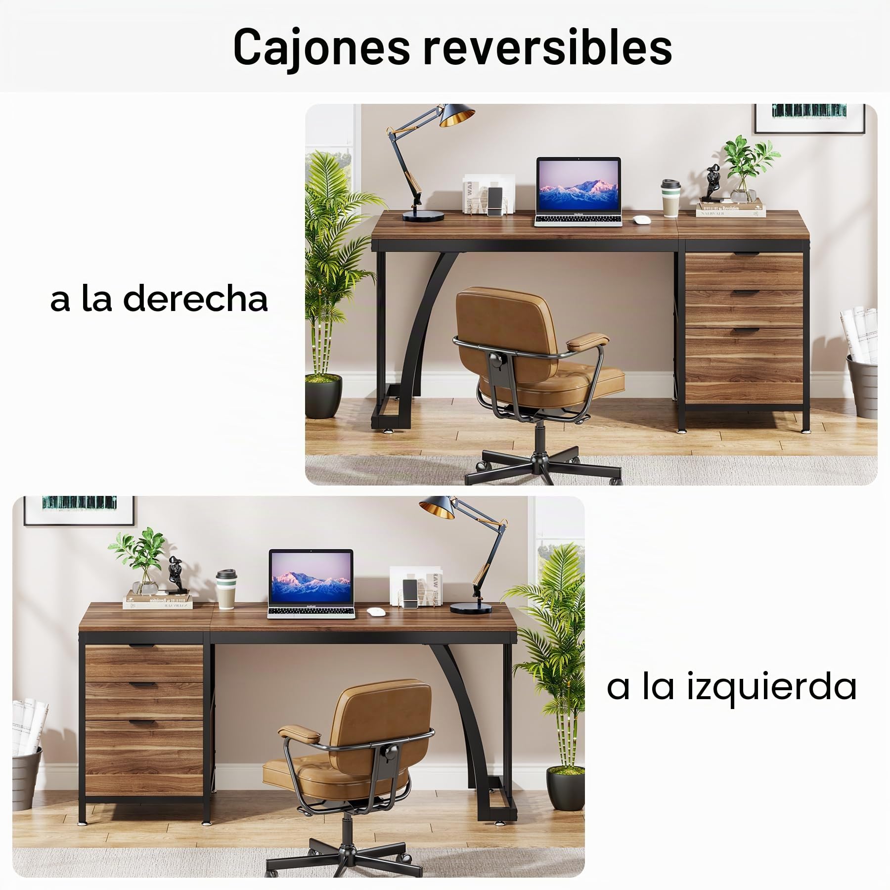 Tribesigns Escritorio para computadora con 3 cajones, escritorio de PC de 59 pulgadas con cajones reversibles, mesa de estudio industrial con almacenamiento de archivos para oficina en casa, nogal