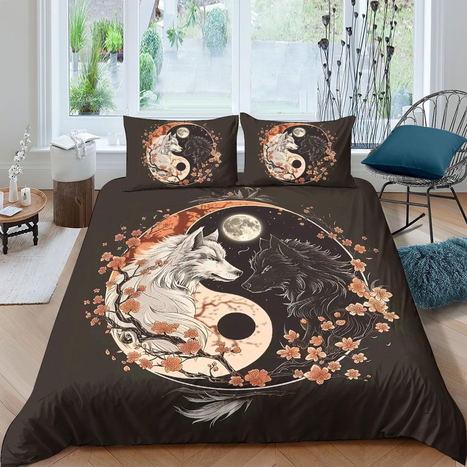 Ctjqhvkz Style-10 3D Printed Yin Yang Wolf Fitted Sheet Microfiber Soft Black White Cherry Blossom Bed Cover For Bedroom Dorm Mattress Protection Decor Single（135X200cm）