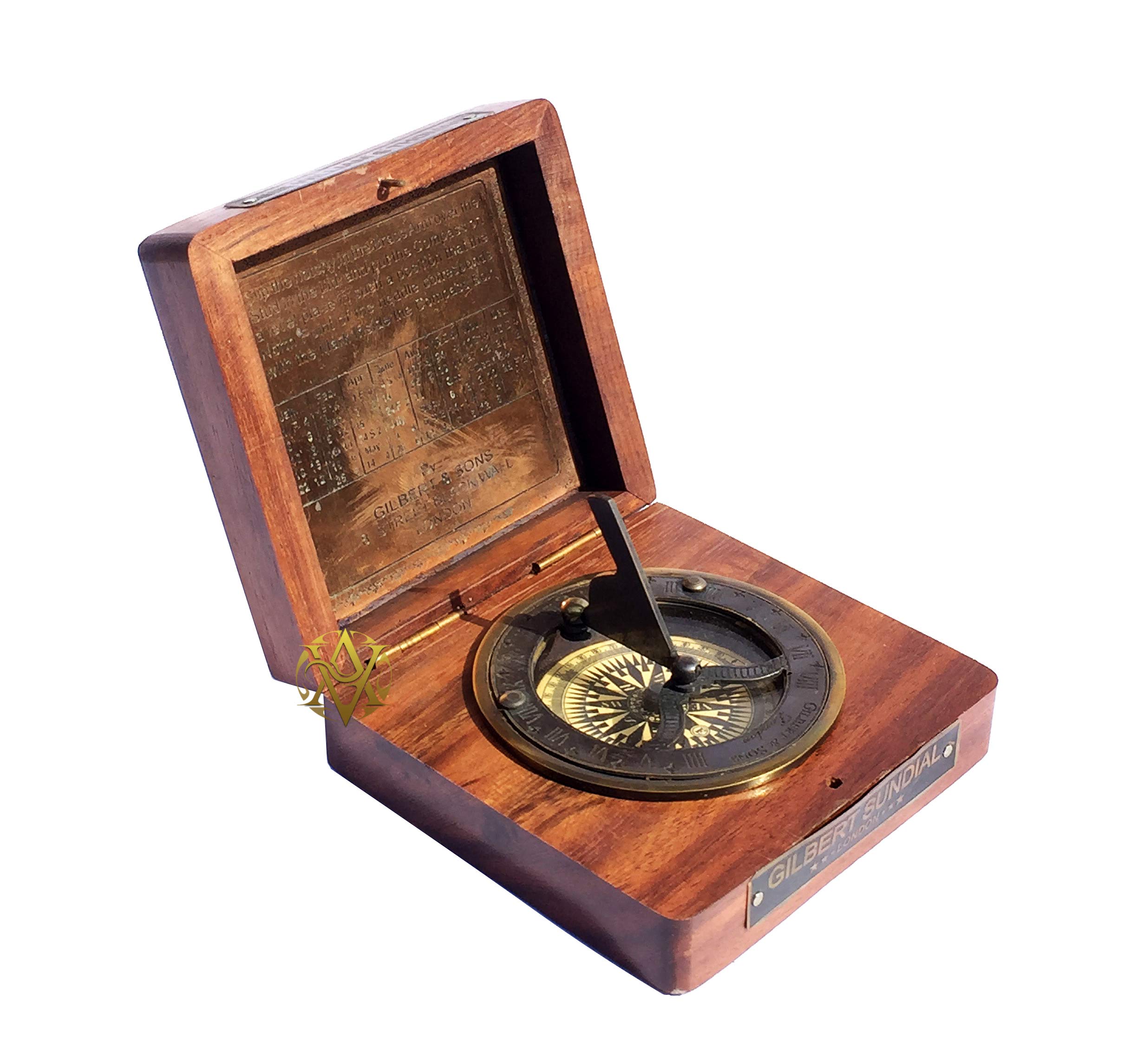 Boussole Cadran Solaire De Table – Bois Et Laiton – Objet Déco Vitrine XXe