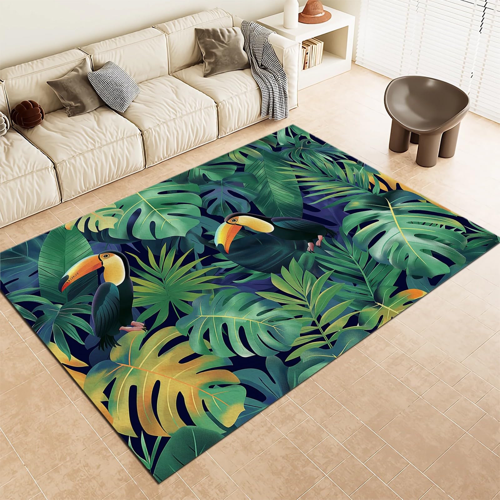Tapis Doux et Confortable Antidérapant Tapis Lavable en Machine Carpettes 80x150cm Toucan de La Jungle Tropicale Tapis à Poil Court de Salon, Salle à Manger Chambre à Coucher, Vert