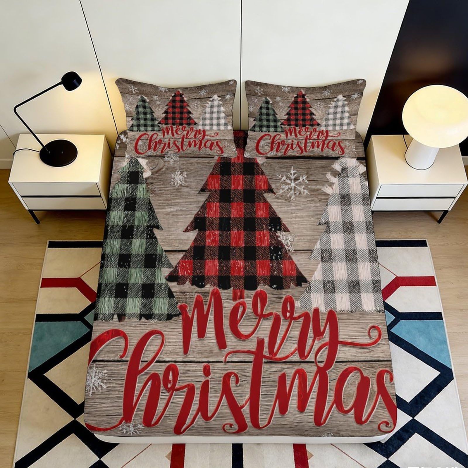 3D Printed Christmas Tree Plaid Fitted Sheet Microfiber Deep Pocket Bedroom Bedding Christmas Mattress Fitted Cover for Adults Teens 140x200x25cm