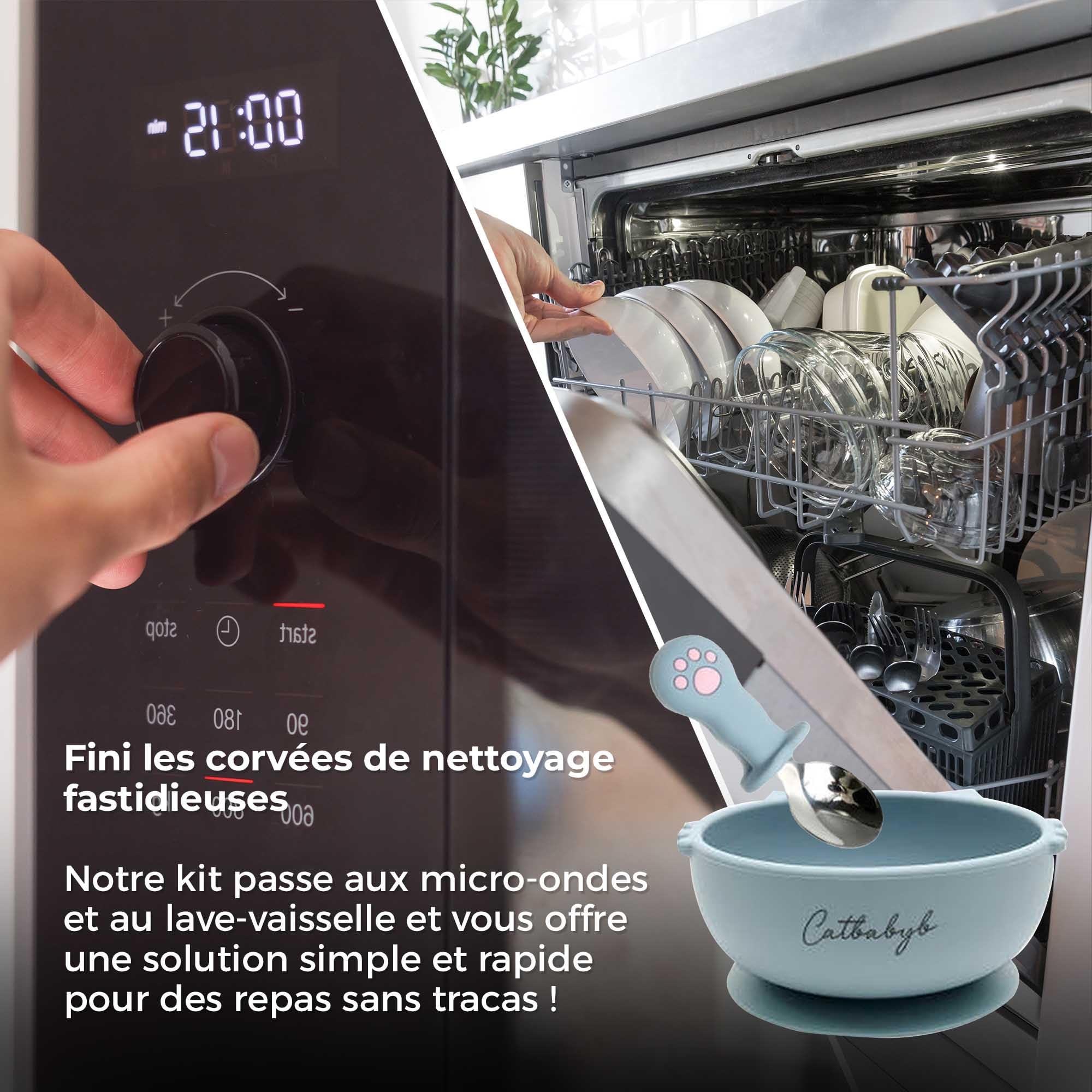 coffrets repas pour bébé Silicone, Lot de 6, Assiette Ventouse, 3 Compartiments pour Bébé, Set Couverts, Bol Ventouse, Bavoir Réglable, Tasse d’Apprentissage