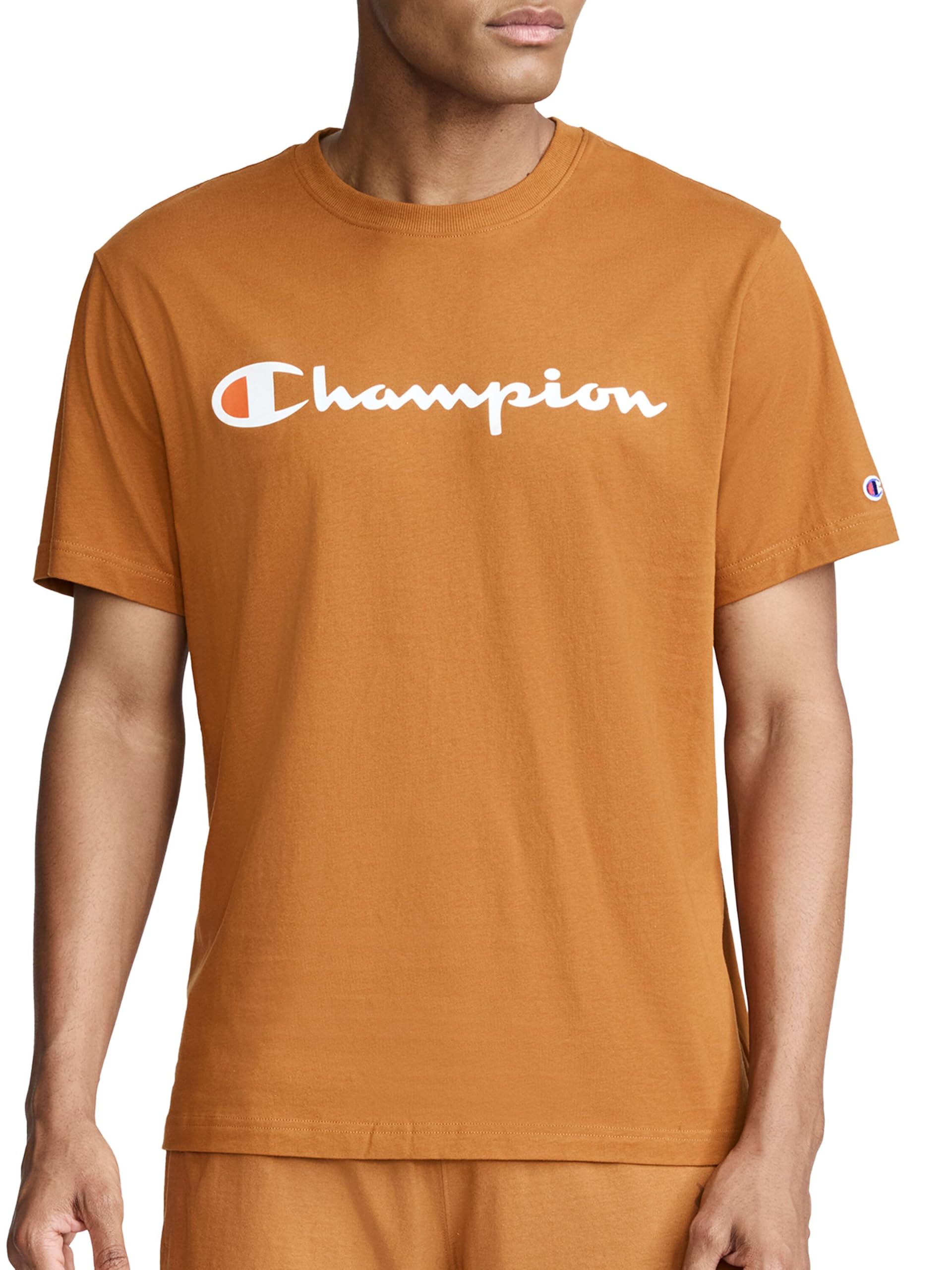 Champion Men's Graphic Short Sleeve T-Shirt, Standard Fit, Classic Script Logo, Midweight 100% Cotton Small Glazed Ginger