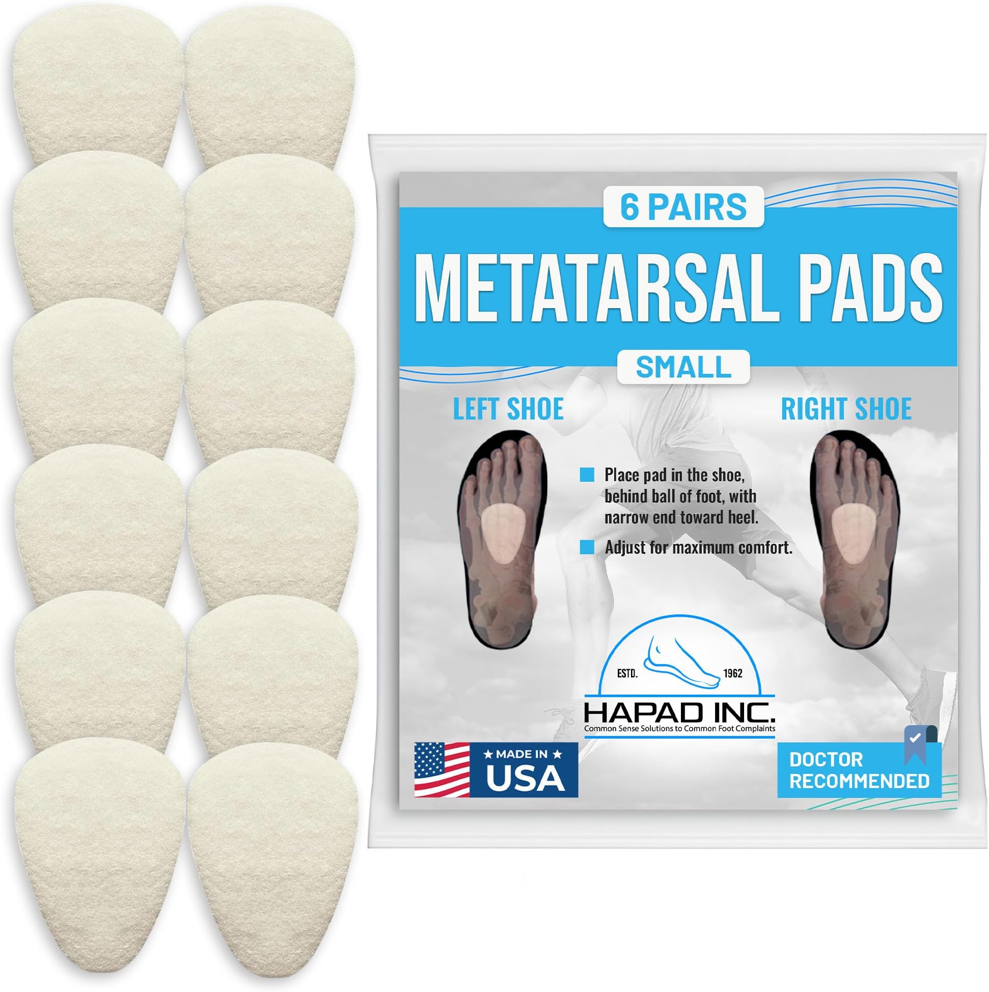 HAPAD Metatarsal Pads, Metatarsal Foot Pads for Pain Relief, Mortons Neuroma Pads Felt - Small,1/4 - (Pack of 6 Pairs) -