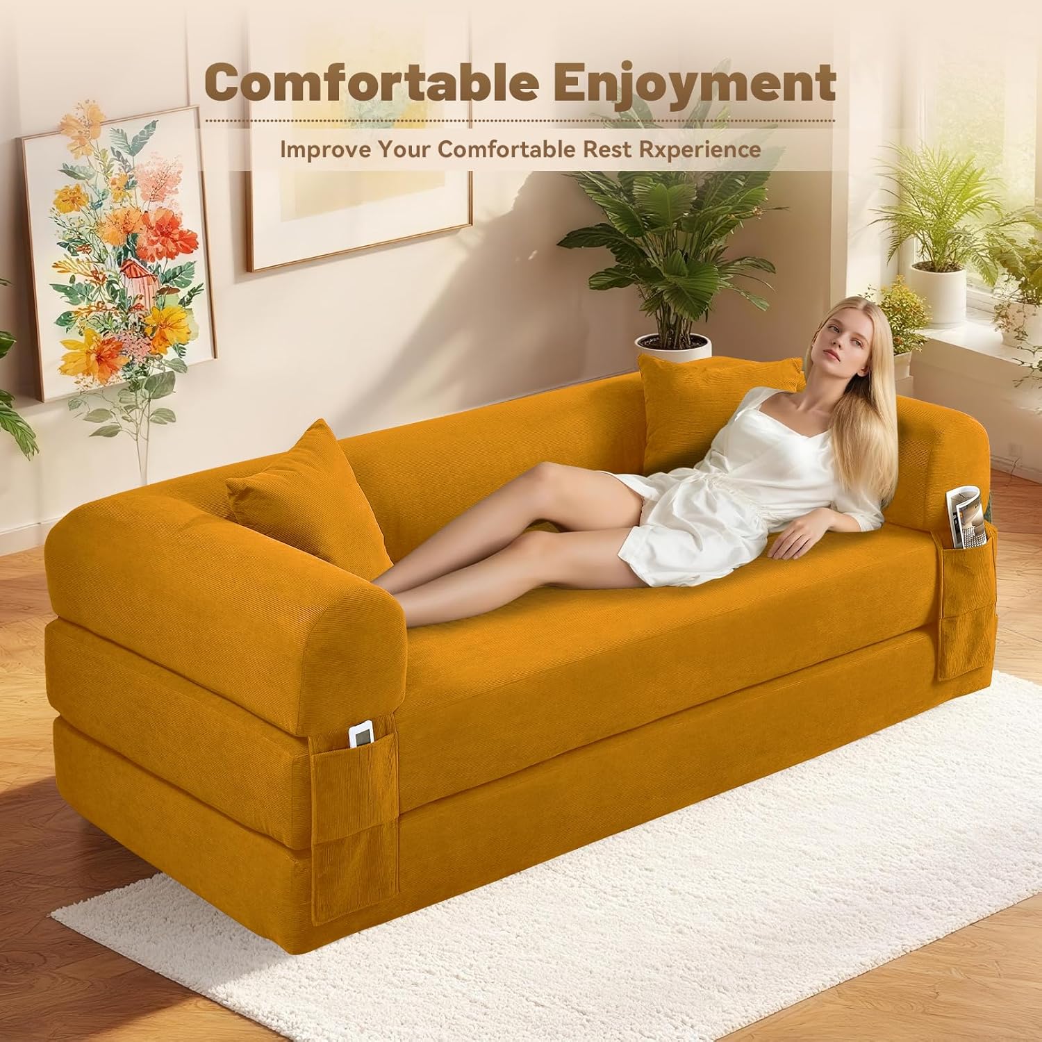 80 Inch Convertible Sofa Bed,Folding Pull Out Couch with Pillows & Storage Pocket,Corduroy Queen Sleeper Sofa in a Box,No Assembly Boneless Couch for Living Room,Yellow
