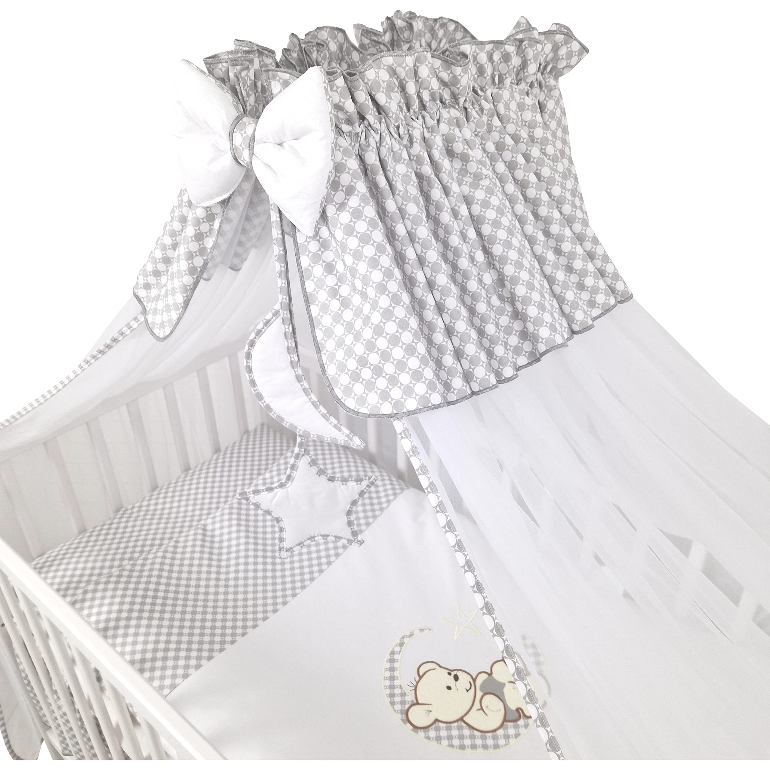 Bello24 - 13 Teiliges Babybett Kinderbett und Bettwäsche komplett Set Timmi inkl. Matratze höhenverstellbar für Neugeborene Babys und Kleinkinder aus Massivholz (Grau - Teddybär Mond)**