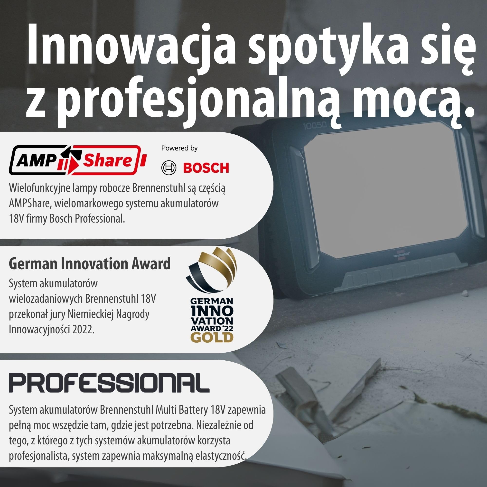 Brennenstuhl Professional Multi Battery LED Hybrydowa Reflektor budowlany 10050 MH (100W, 12500lm, IP55, kompatybilne z akumulatorami 18V od 10 różnych producentów, 5m kabel RN, bez akumulatora)