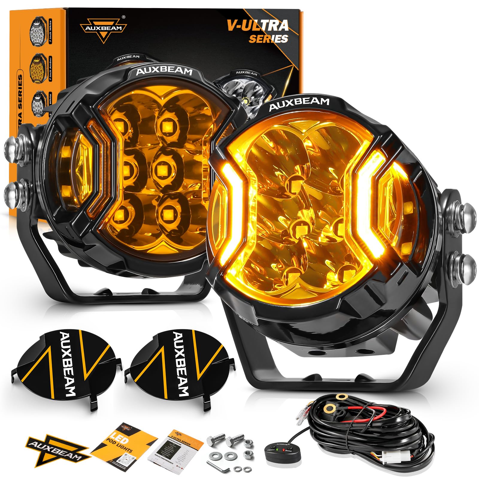 Auxbeam V-Ultra Series 3 Inch 108W LED Round Pods, 3 Modes Offroad Driving Side Shooter Light with Amber DRL, 270° Ultra-Wide Amber Cube Universal Spotlights with Covers & DT Plug Wiring Harness
