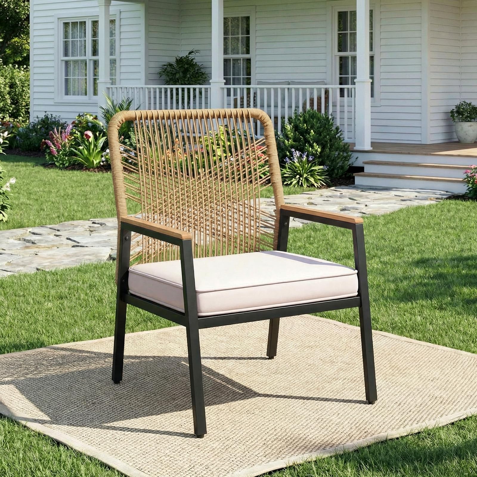 Clevich Rattan Garden Chair, Outdoor Armchair with 8cm Thick Cushion, Metal Frame and WPC Armrests, for Terrace, Garden and Porch
