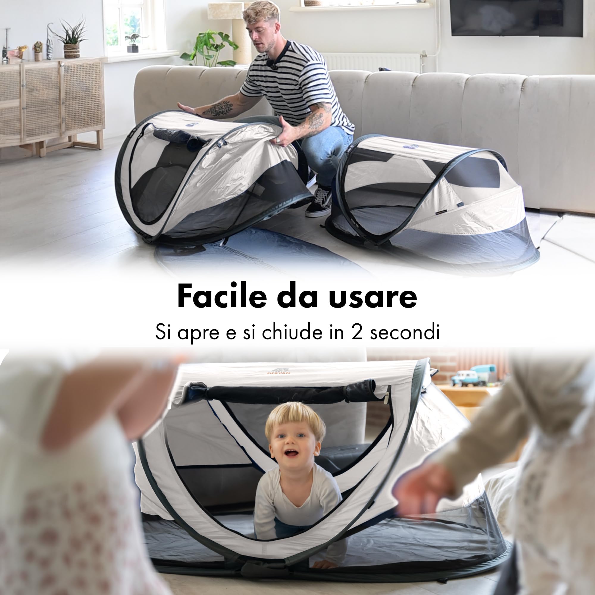 Deryan Lettino neonato da viaggio pieghevole con materasso, 0-4.5 anni, Lettino da campeggio, Le pareti realizzate in rete, Letto Pieghevole 135x90cm, Borsa da Trasporto, Protezione Insetti, Crema