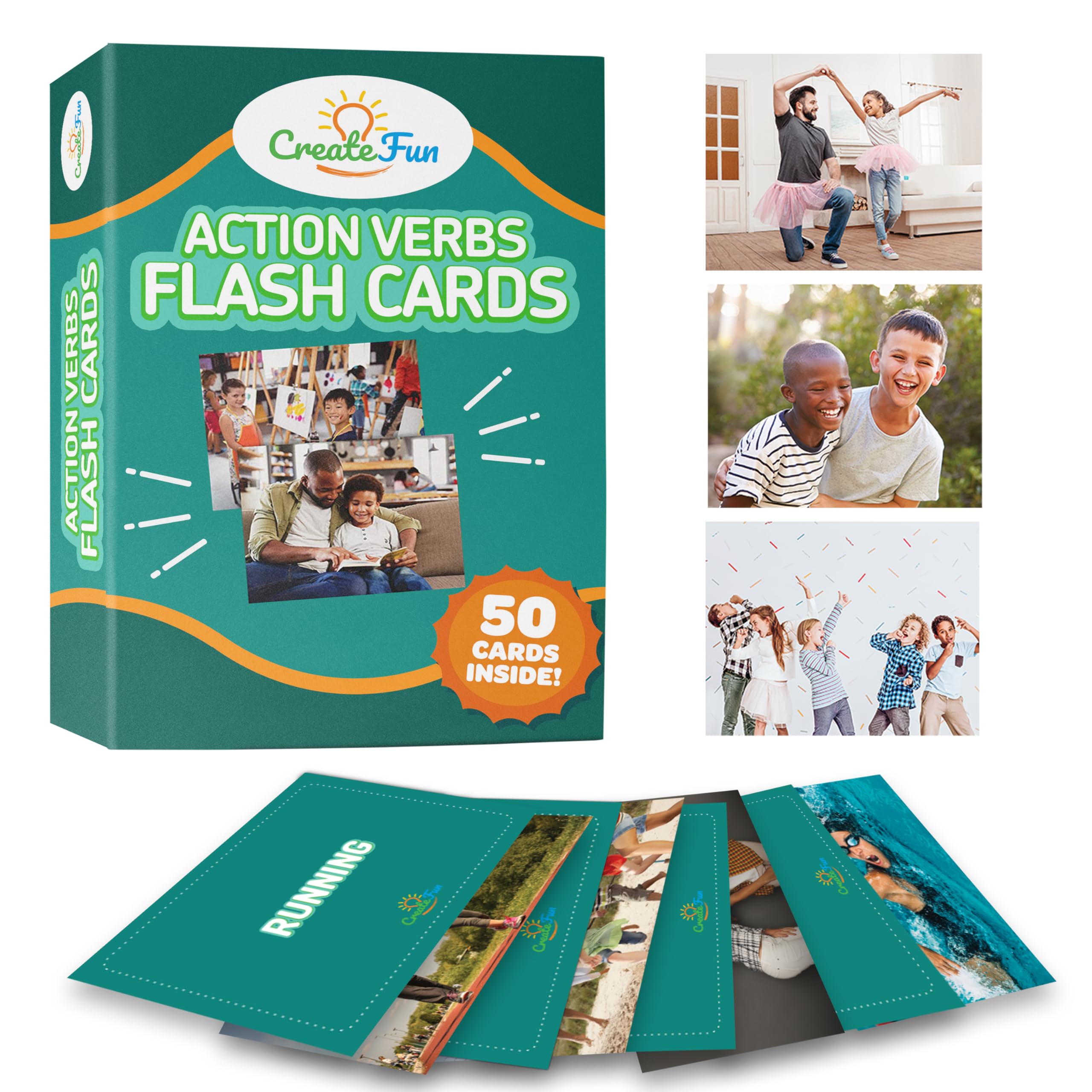 CreateFun Action Verbs Flash Cards - 50 Vocabulary Builder Educational Photo Cards - with 6 Teaching Activities for Parents, Classrooms, Speech Therapy Materials, ELL and ESL Teaching Materials