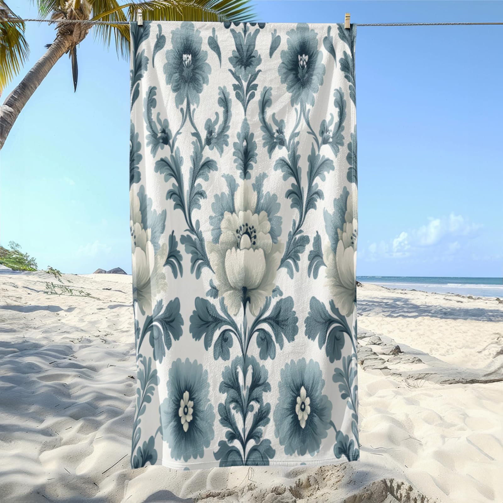 Serviette de Plage Blanc Rétro Bleu Drap de Plage Anti Sable Portable Serviette de Bain XXL Piscine Toilette Sport Microfibre Ultraléger Towel Absorbant Séchage Rapide 200x220cm