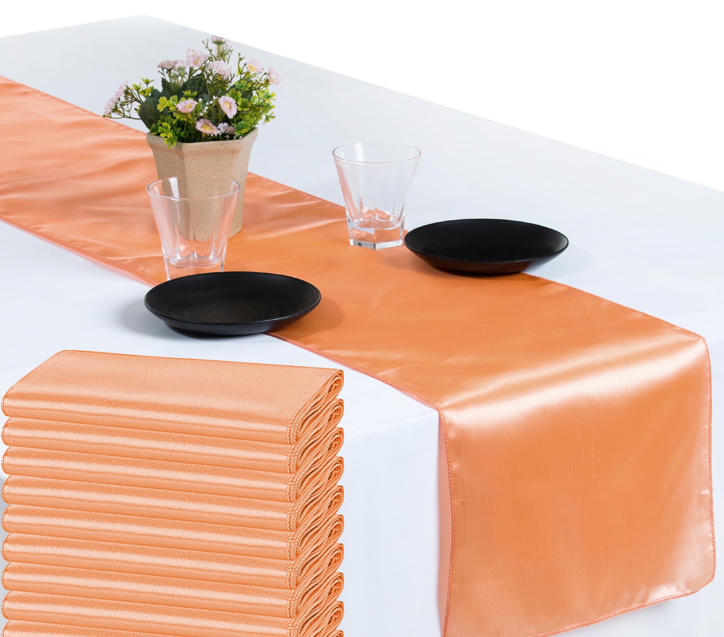 VDS Pack of 15 Satin Table Runners for Wedding & Party Décor 12” x 108”, Smooth Glossy Sateen Fabric Runner, Dining Table Decoration for Reception Banquet & Events Hotel Restaurant - Peach — image 1