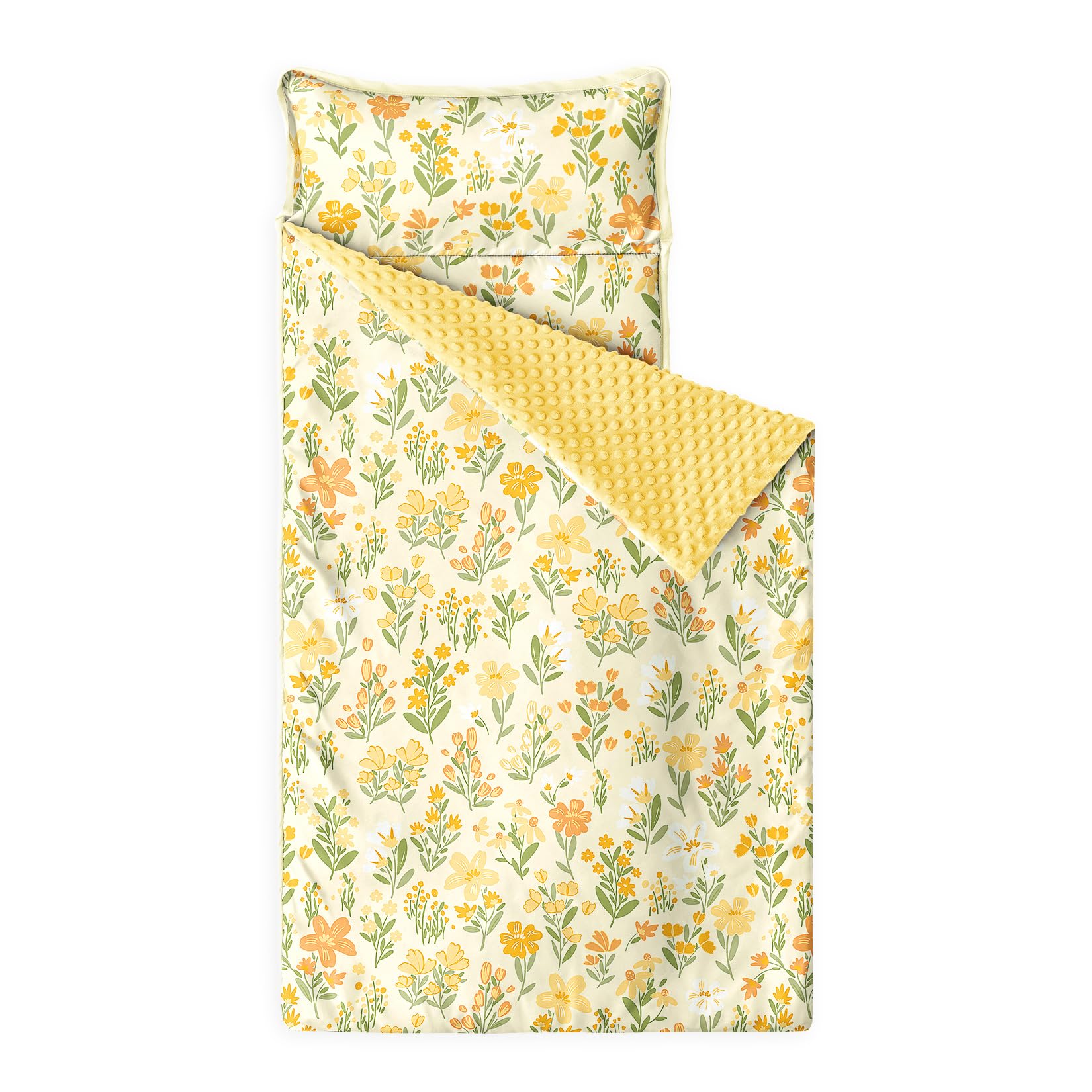 Wake In Cloud - Toddler Nap Mat with Pillow and Minky Fleece Blanket, for Kids Girls Ages 3 Plus in Daycare Preschool Kindergarten, Roll Up Sleeping Bag, Floral Flowers