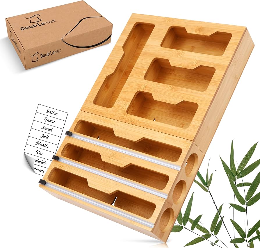 Double Hat 7-in-1 Ziplock bag organizer, Baggie organizer for drawer, Storage bag organizer, Foil and plastic wrap organizer, Plastic wrap dispenser with cutter, Kitchen must haves 2023, Kitchen needs