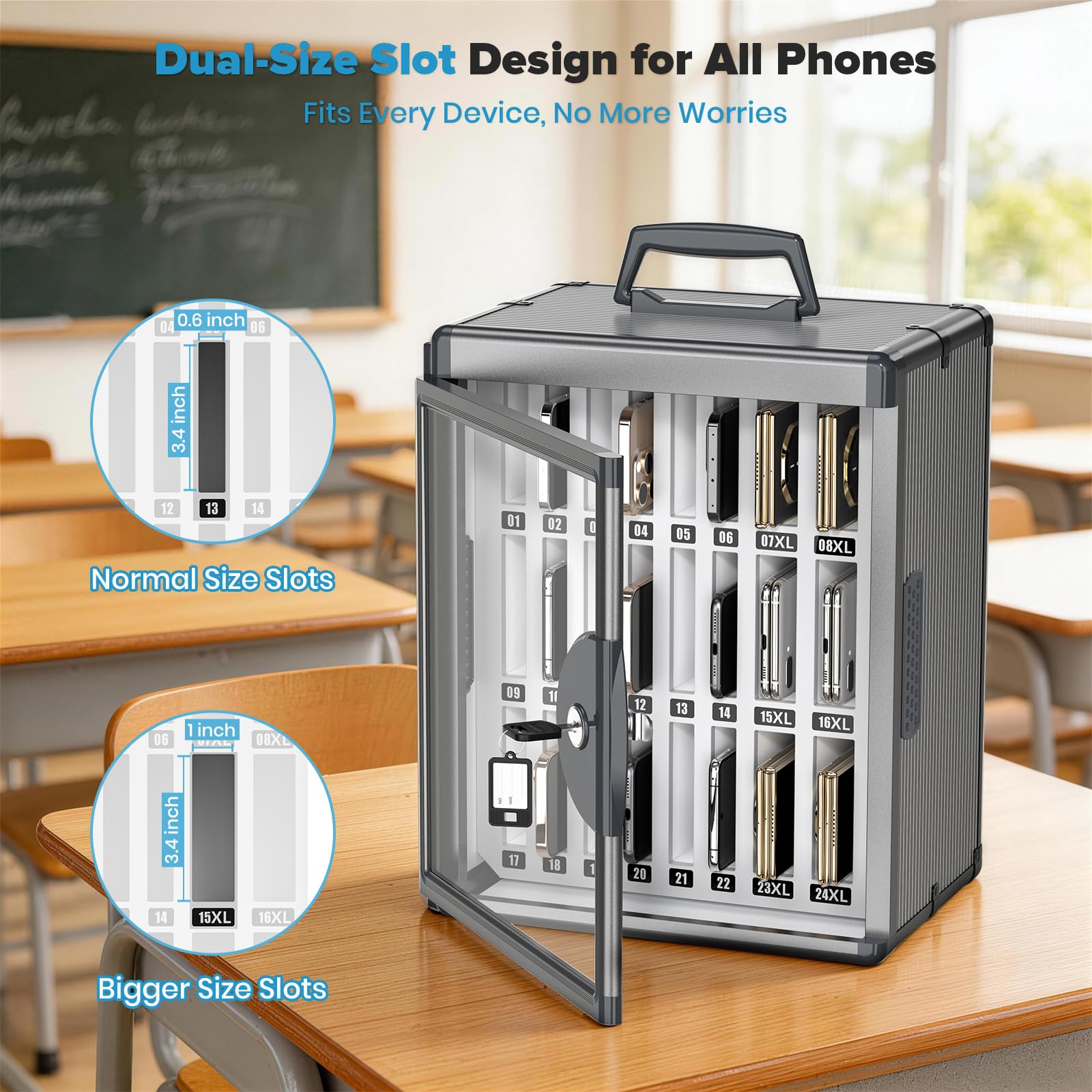 Casier de téléphone portable à 24 emplacements pour salle de classe, boîte de support de téléphone portable, boîte de verrouillage de téléphone mural avec clé, rangement de tableau de poche