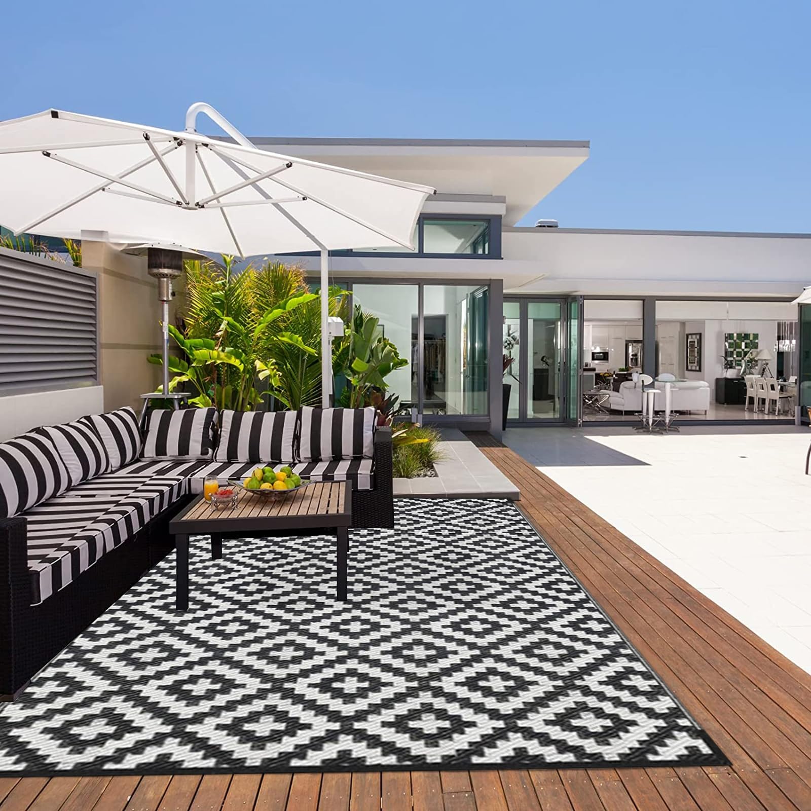 Tfgajkkkkk Black/White And Portable Outdoor Rug 4X6 Waterproof Outdoor Plastic Straw Carpet Anti-Slip Reversible Rug Rv Camping Mat Double Sided Outdoor Garden Carpet