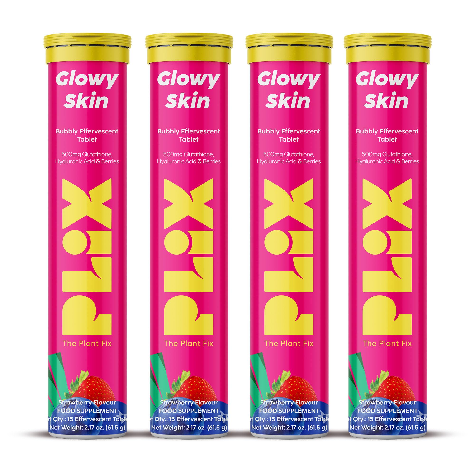 PLIX Glowy Skin 500mg Glutathione Supplement with Hyaluronic Acid, Vitamin C, E & Berries | 60 Effervescent Tablets, Strawberry Flavor