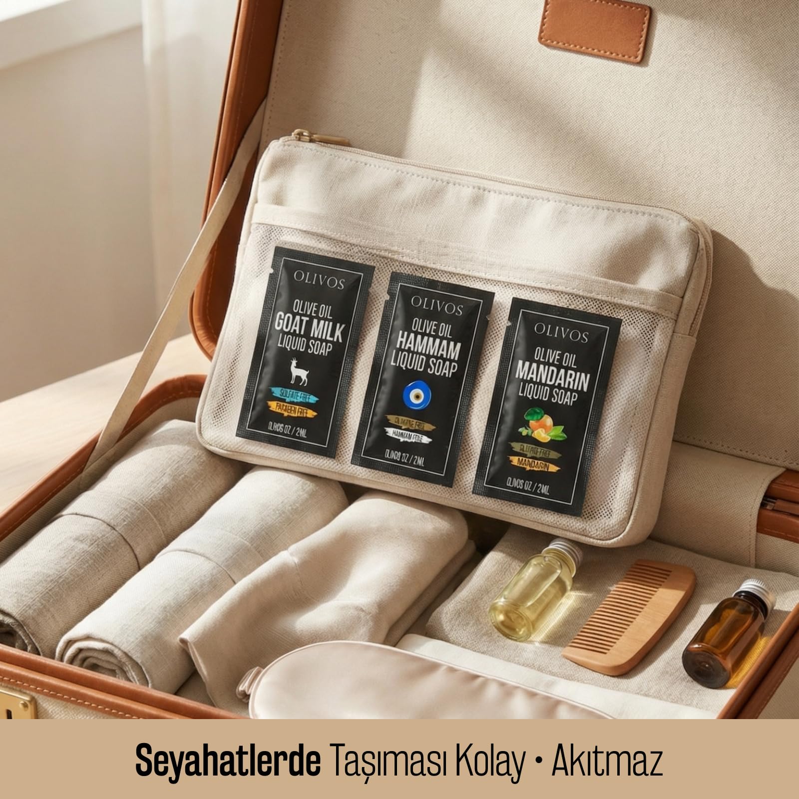OLIVOS Tek Kullanımlık Zeytinyağlı Sıvı Sabun Seti, 2 ml x 75 Adet, Mandalina Hamam Keçi Sütü Serileri, Okul Seyahat Otel için, Paraben ve Sülfat İçermez, El Temizliği