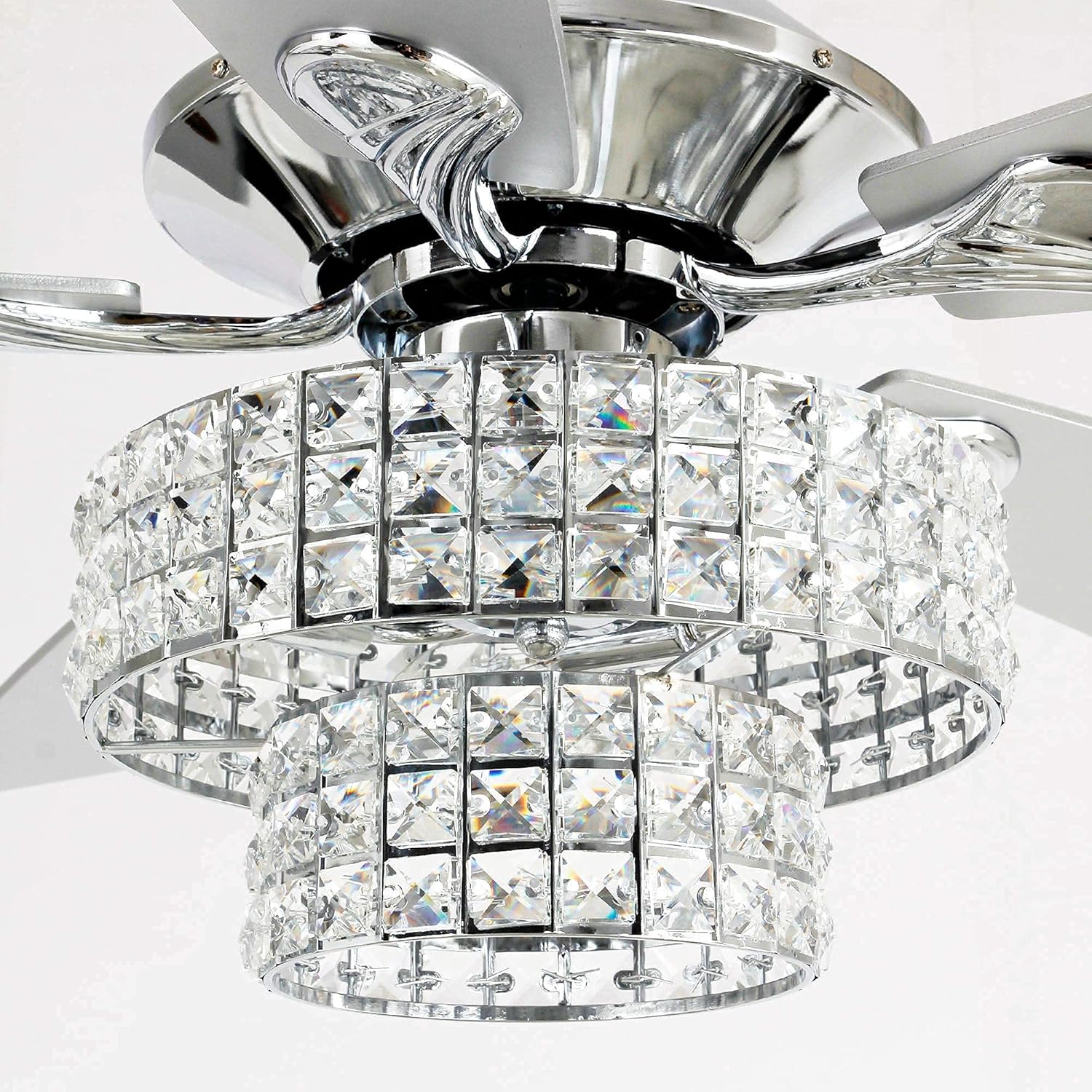 Parrot Uncle Ceiling Fans with Lights and Remote 52 Inch Bedroom Ceiling Fan with Light Crystal Chandelier Fans, Reversible Motor, Timer, Polished Chrome
