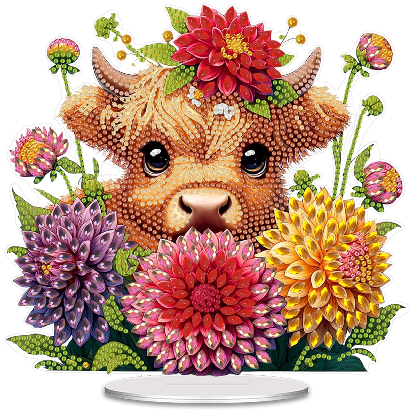 5D Diamond Art Painting Kits for Adults, Diamond Art Tabletop Ornament with Special Shaped Diamonds, DIY Desktop Decor Stand - Festive Holiday Craft Gift(Cow and Flower)