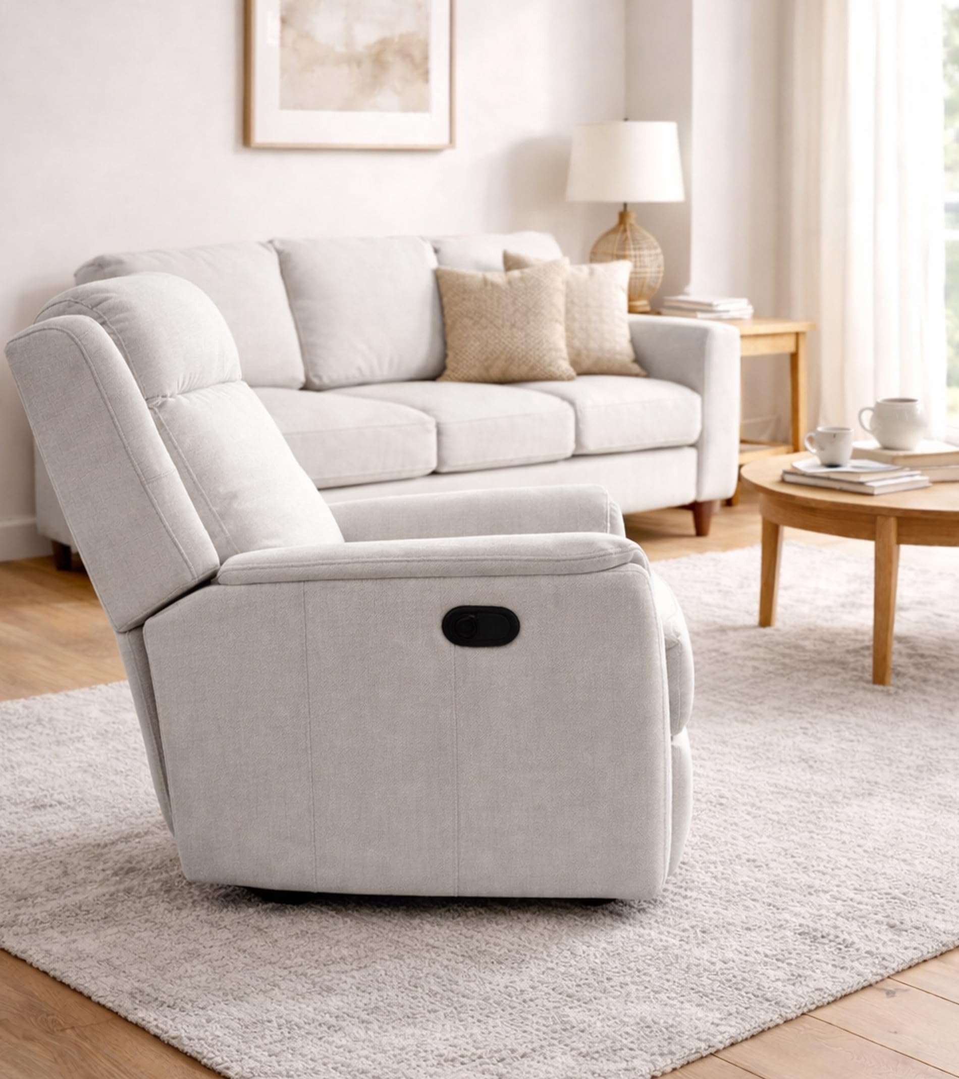 SWEET SOFA® Sillón Relax Reclinable Nievis con Palanca y Reposapiés Elevable, Tapizado en Tela Beige, Estructura de Madera y Acero, 107x72x98 cm, Butaca Individual para Salón o Descanso